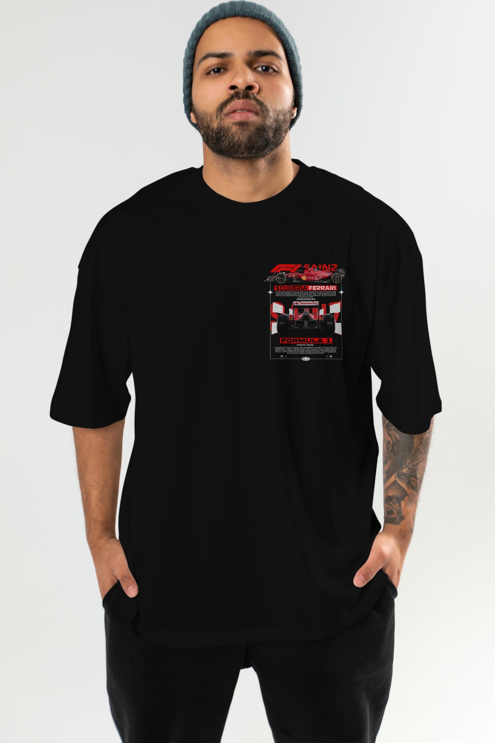 Ferrari Formula 1 SAINZ Ön Sol Baskılı Oversize t-shirt Erkek Kadın Unisex %100 Pamuk Bisiklet Yaka tişort