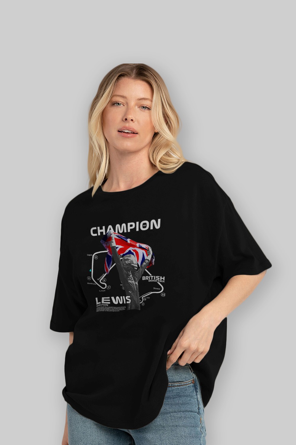 LEWIS H SILVERSTONE Ön Baskılı Oversize t-shirt Erkek Kadın Unisex %100 Pamuk Bisiklet Yaka tişort