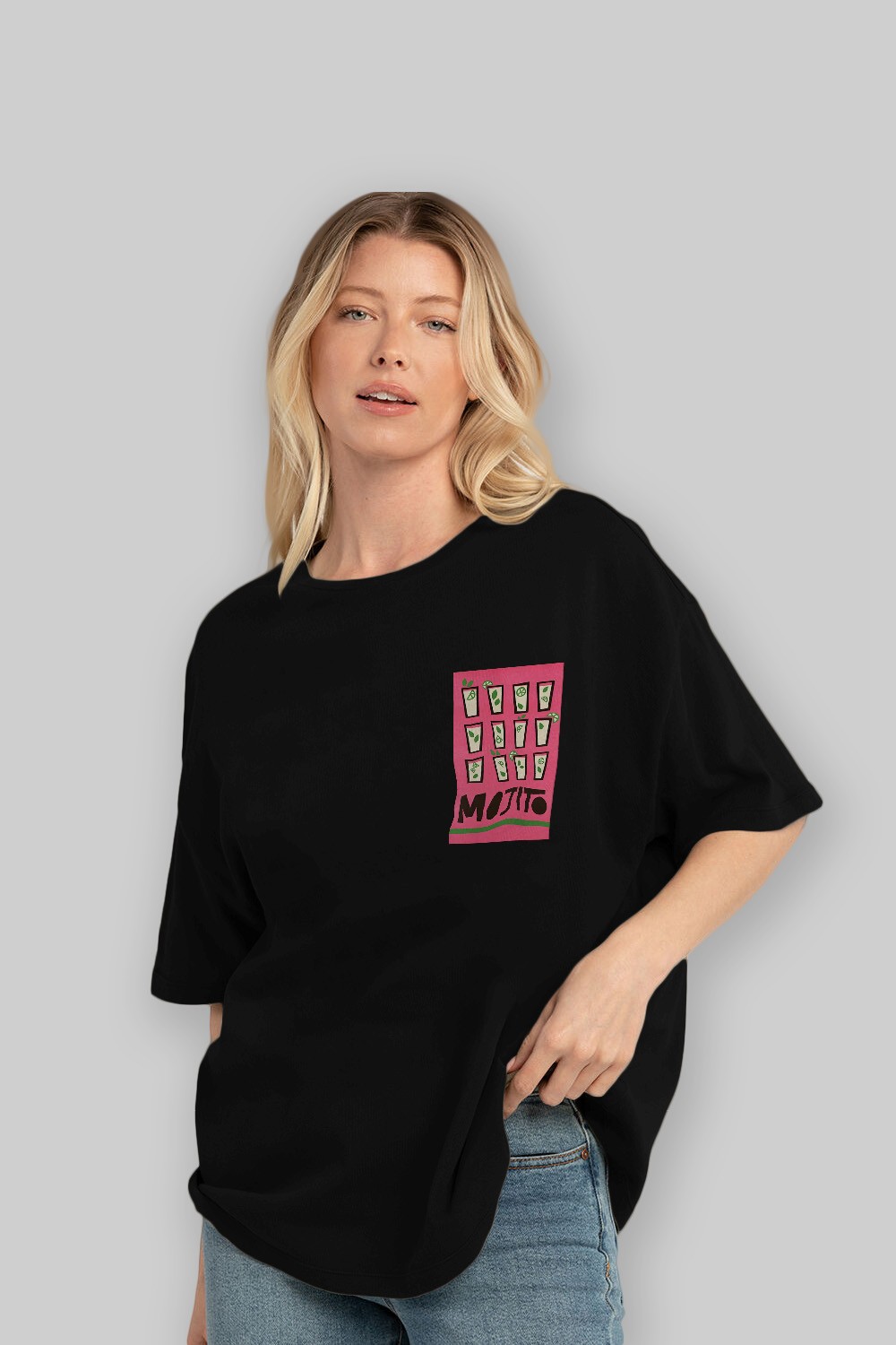 Mojito Ön Sol Baskılı Oversize t-shirt Erkek Kadın Unisex %100 Pamuk Bisiklet Yaka tişort