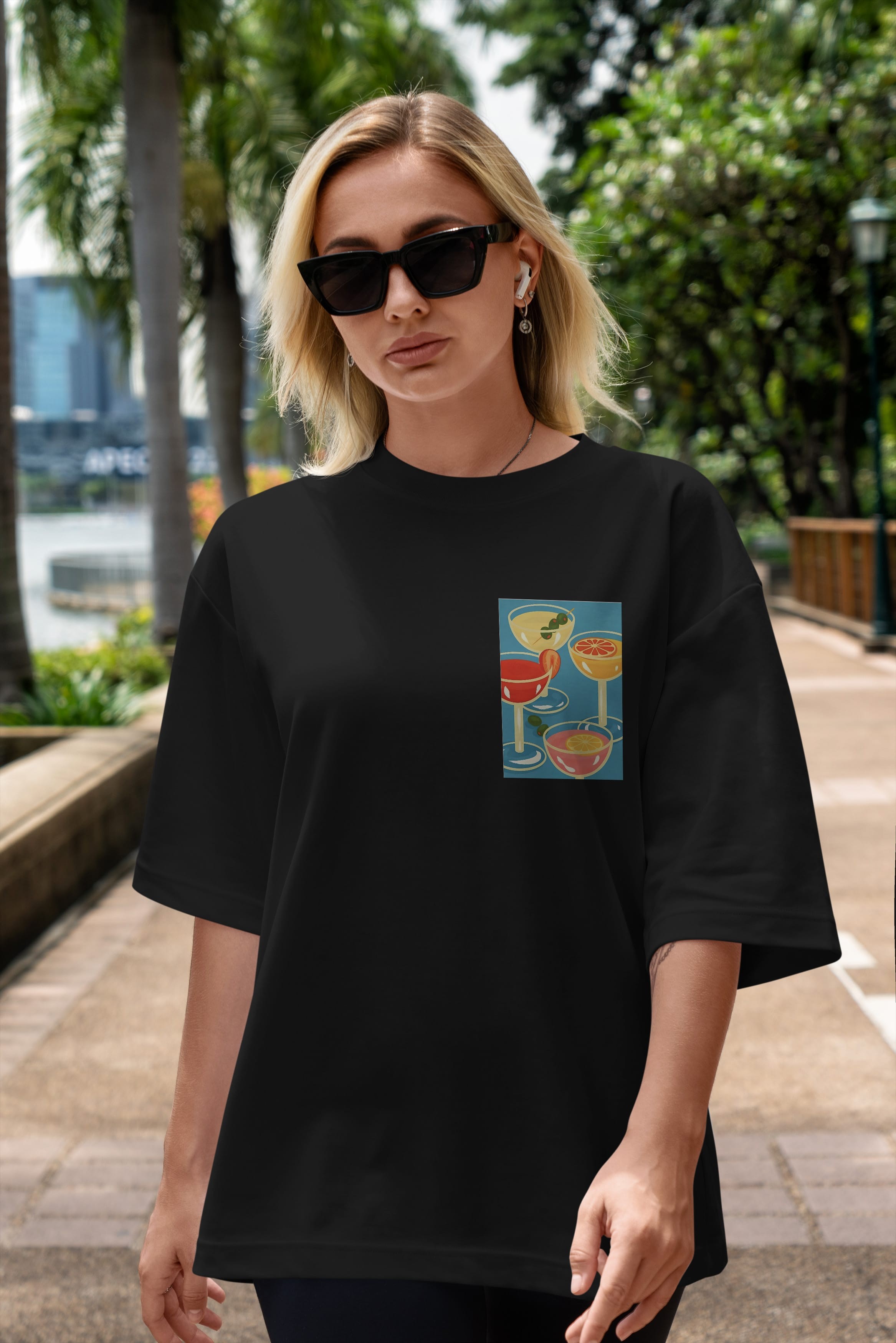 Cocktails Ön Sol Baskılı Oversize t-shirt Erkek Kadın Unisex %100 Pamuk Bisiklet Yaka tişort