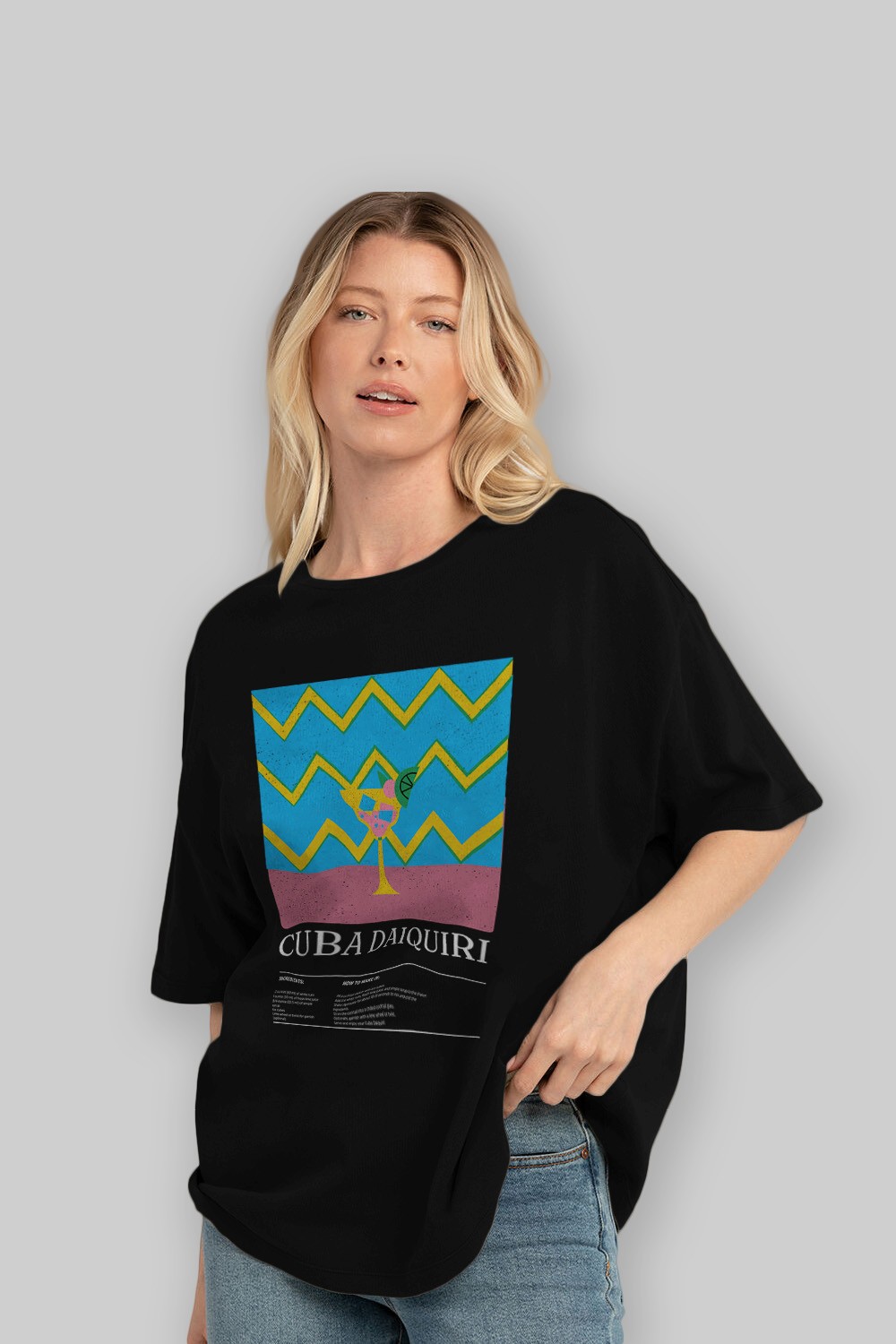 Cuba Daiquiri Kokteyl Ön Baskılı Oversize t-shirt Erkek Kadın %100 Pamuk Bisiklet Yaka tişort
