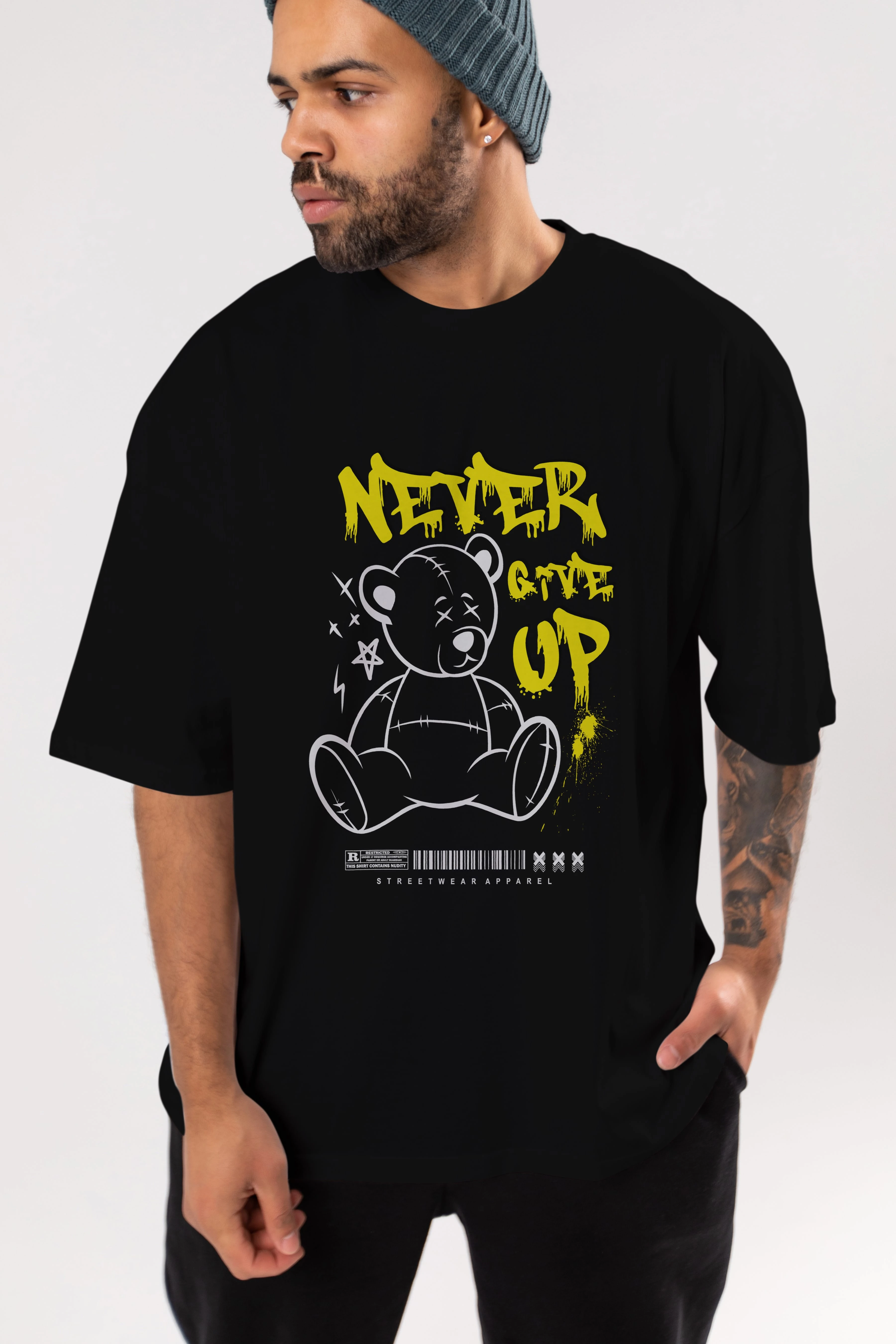 Teddy Bear Never Give Up Ön Baskılı Oversize t-shirt Erkek Kadın Unisex