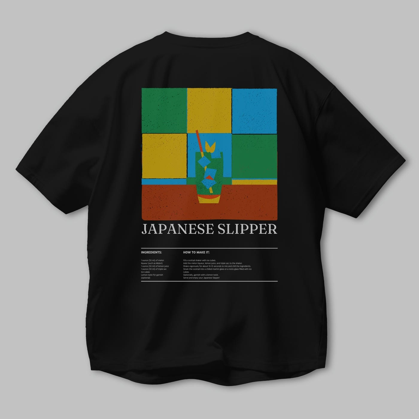 Japanese Slipper Kokteyl Serisi Arka Baskılı Oversize t-shirt Erkek Kadın %100 Pamuk Bisiklet Yaka tişort