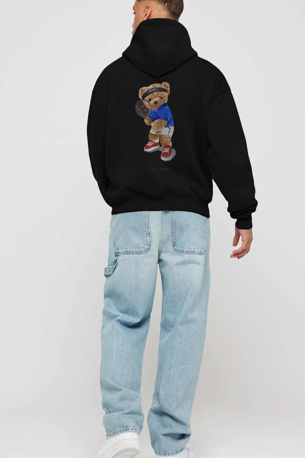 Teddy Bear Play Hard Arka Baskılı Hoodie Oversize Kapüşonlu Sweatshirt Erkek Kadın Unisex