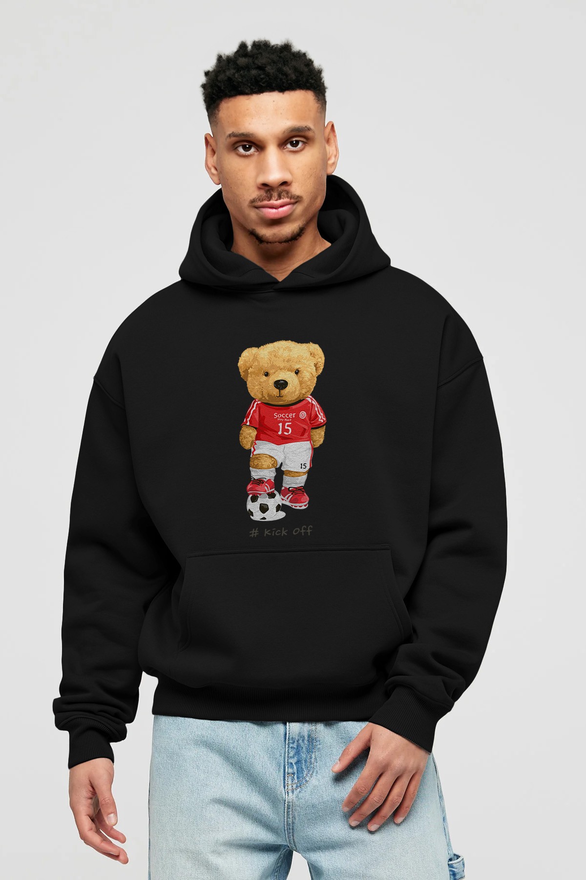 Teddy Bear Kick Off Ön Baskılı Hoodie Oversize Kapüşonlu Sweatshirt Erkek Kadın Unisex