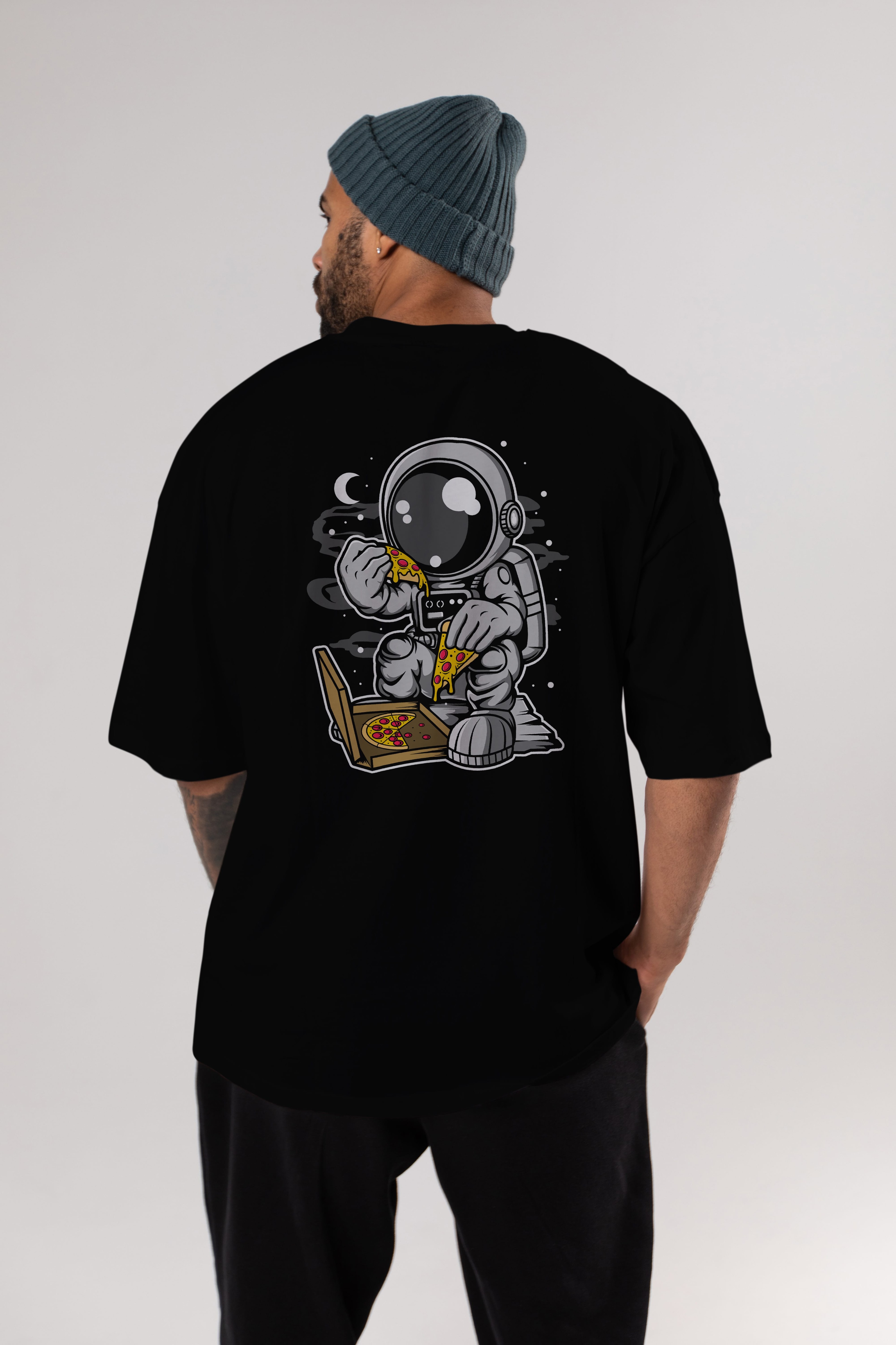 Astronaut Pizza Arka Baskılı Oversize t-shirt Erkek Kadın Unisex