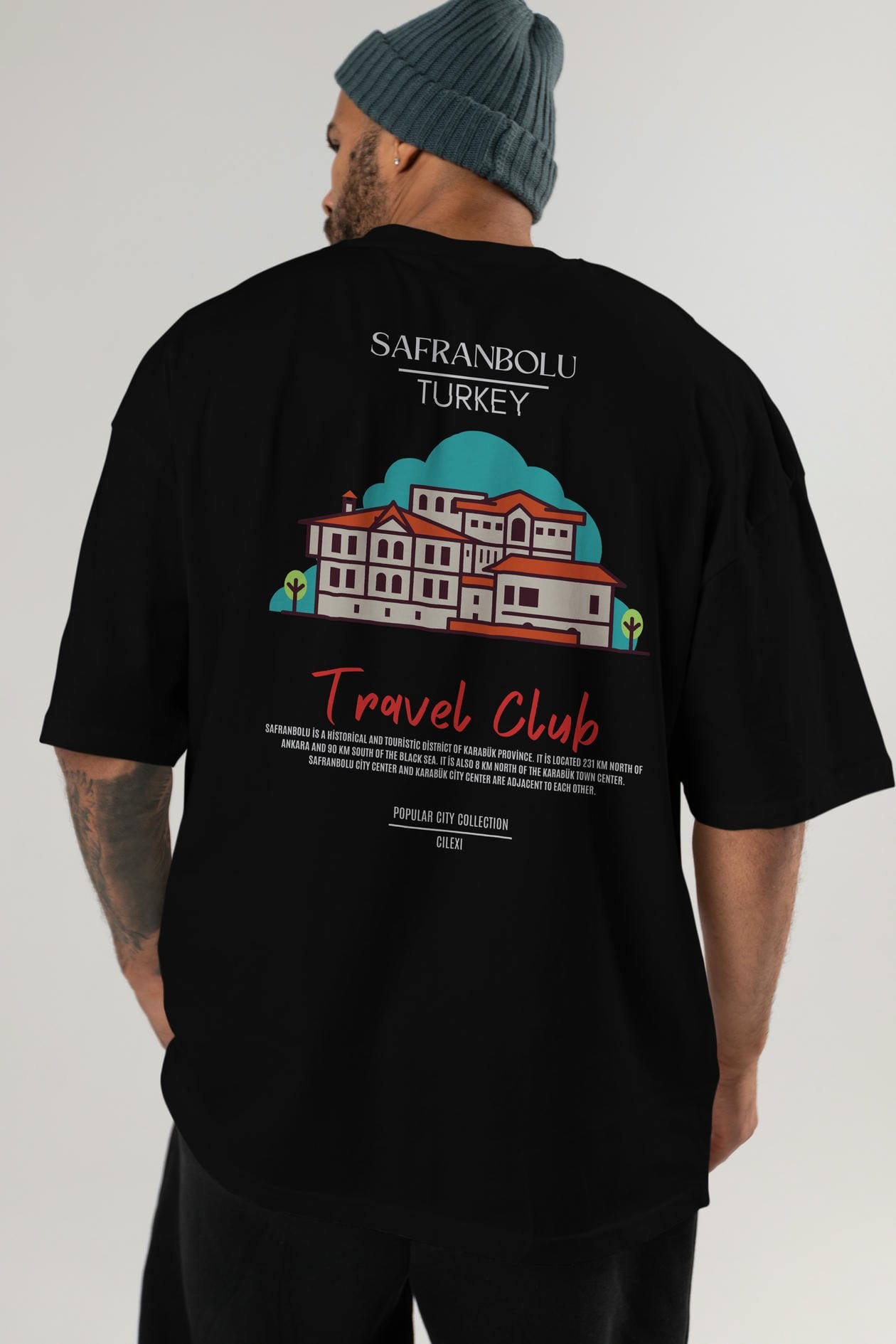 Safranbolu Turkey Arka Baskılı Oversize t-shirt Erkek Kadın Pamuk Bisiklet Yaka tişort