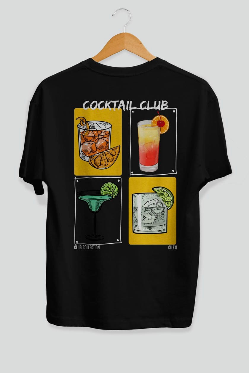 Cocktail Club Arka Baskılı Oversize t-shirt Erkek Kadın %100 Pamuk Bisiklet Yaka tişort