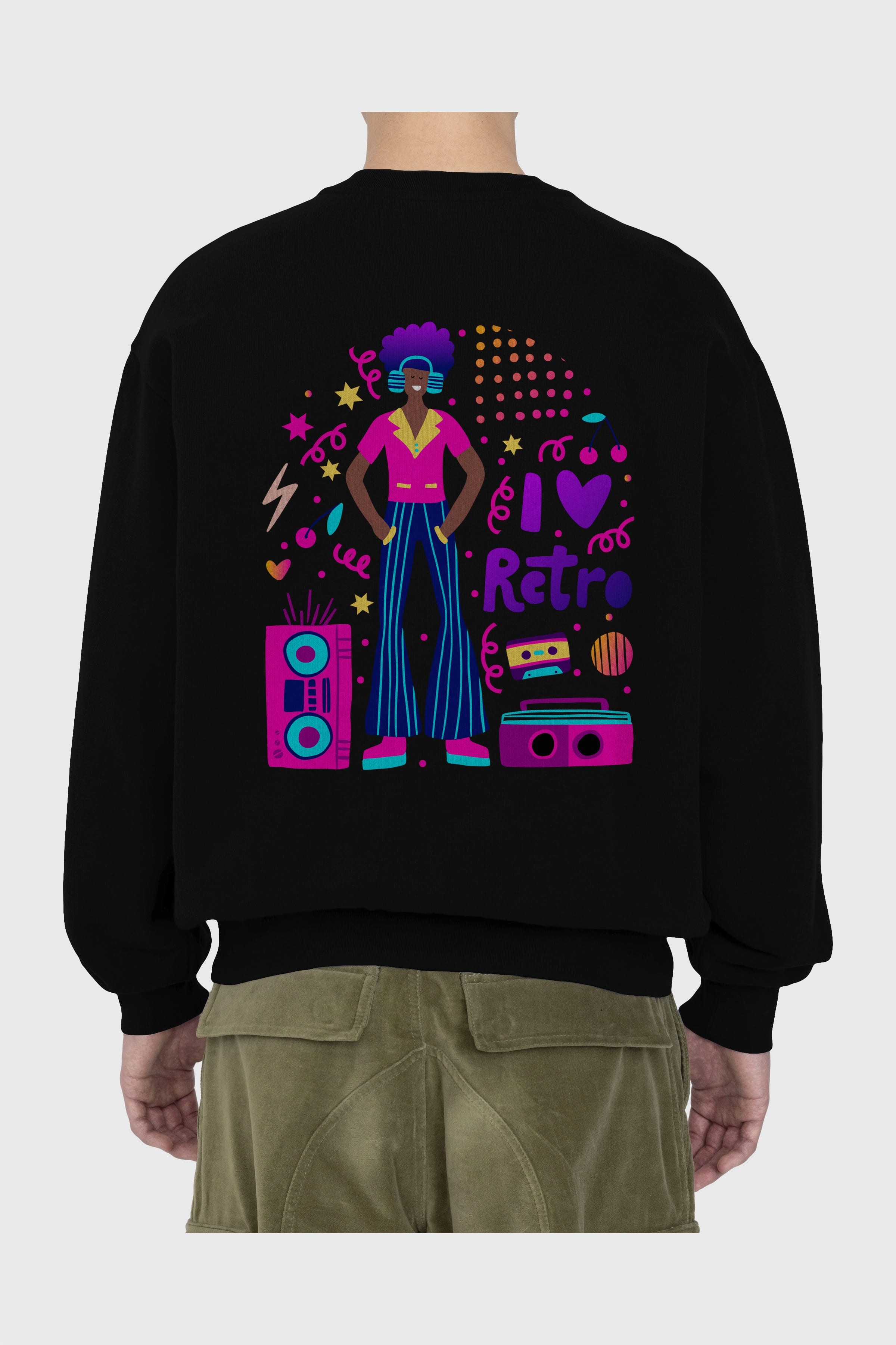 Retro Boy Party Arka Baskılı Oversize Sweatshirt Erkek Kadın Unisex