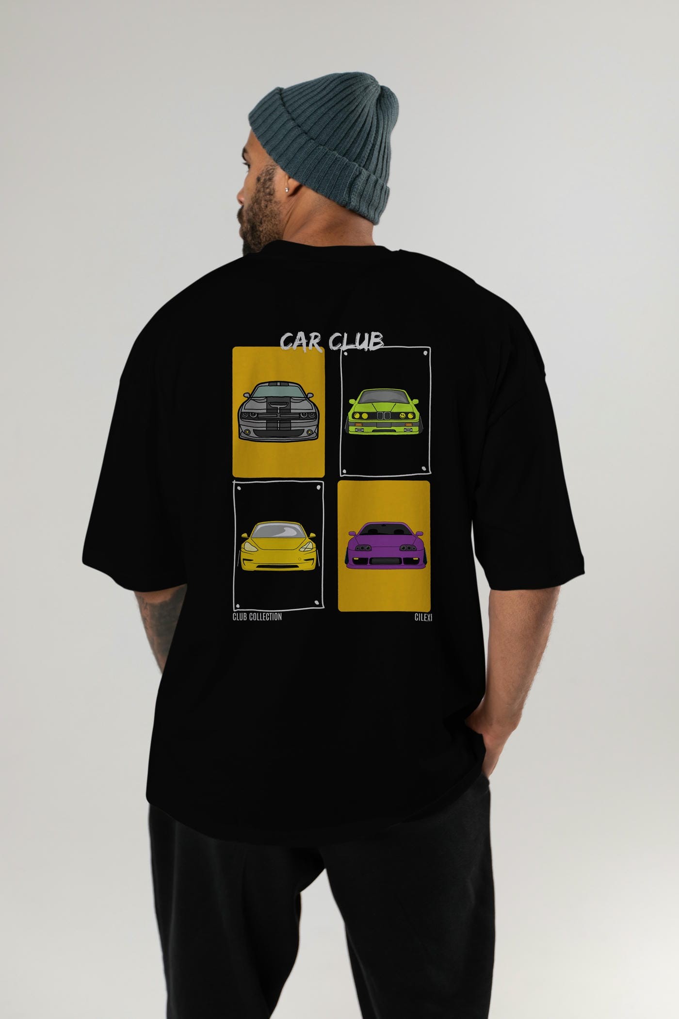 Car Club Arka Baskılı Oversize t-shirt Erkek Kadın %100 Pamuk Bisiklet Yaka tişort