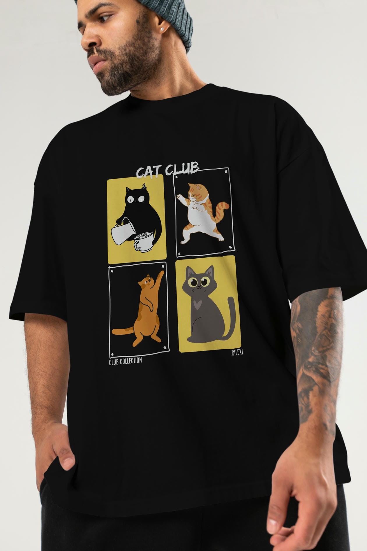Cat Club ön Baskılı Oversize t-shirt Erkek Kadın %100 Pamuk Bisiklet Yaka tişort