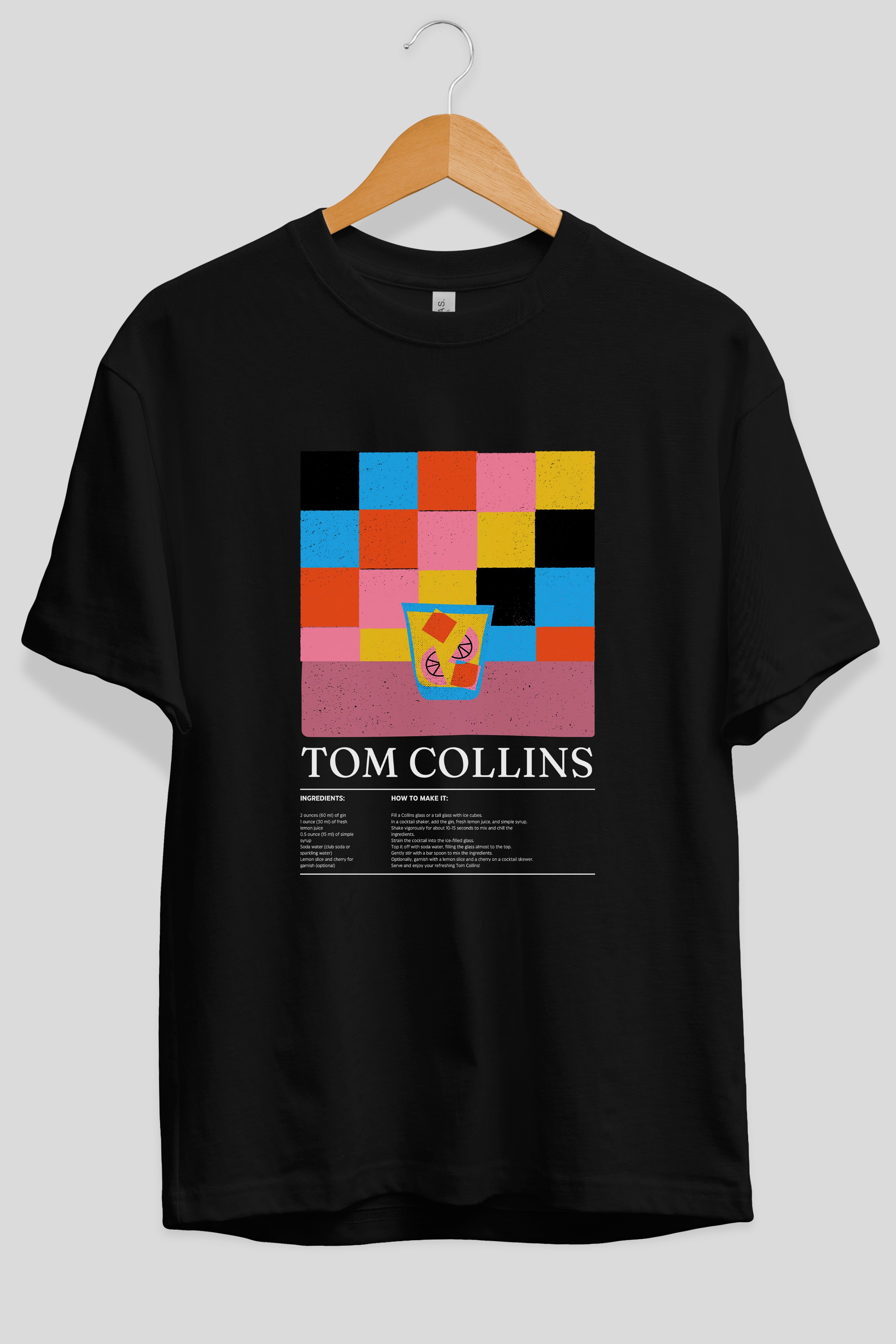Tom Collins Kokteyl Ön Baskılı Oversize t-shirt Erkek Kadın %100 Pamuk Bisiklet Yaka tişort