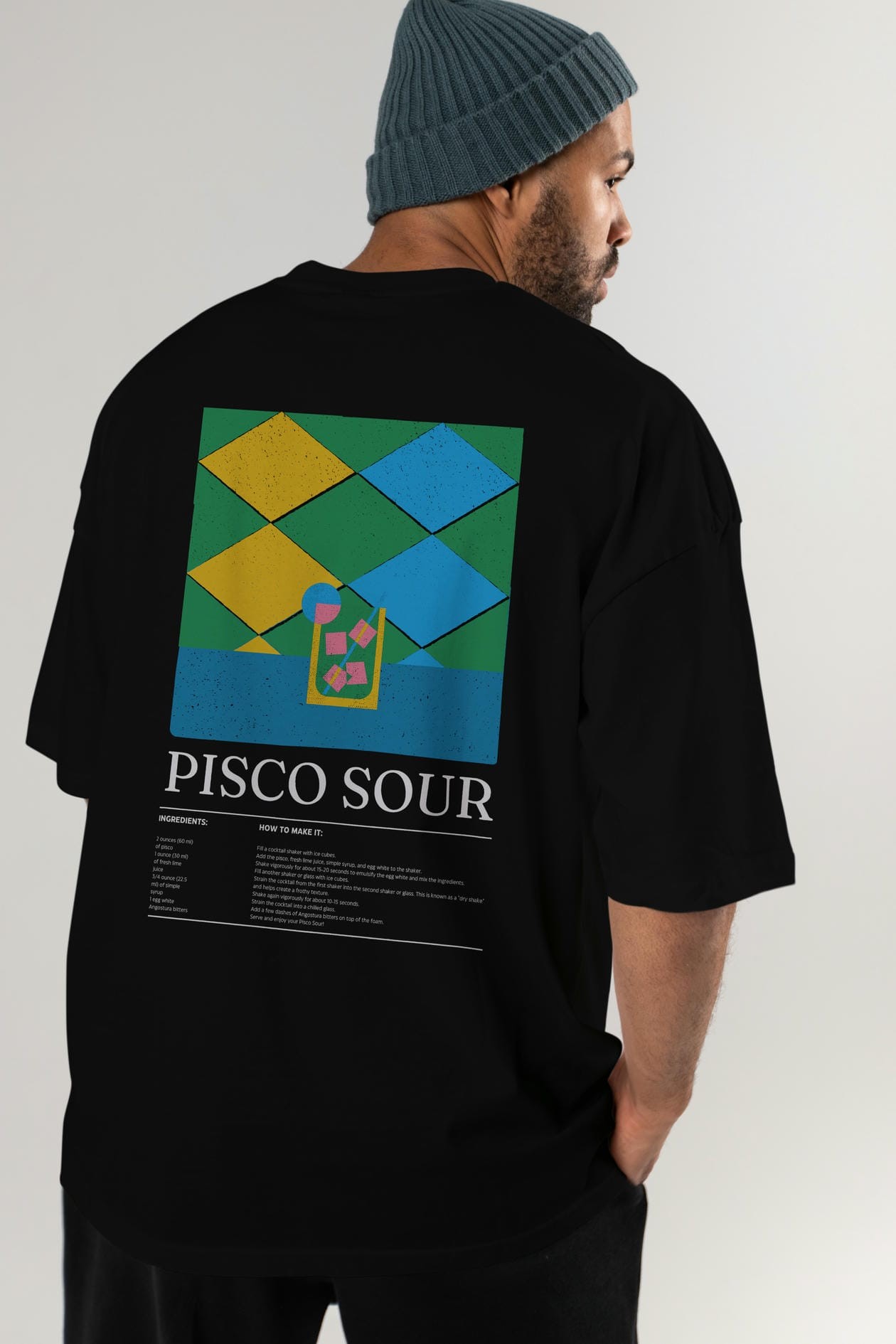 Pisco Sour Kokteyl Serisi Arka Baskılı Oversize t-shirt Erkek Kadın %100 Pamuk Bisiklet Yaka tişort