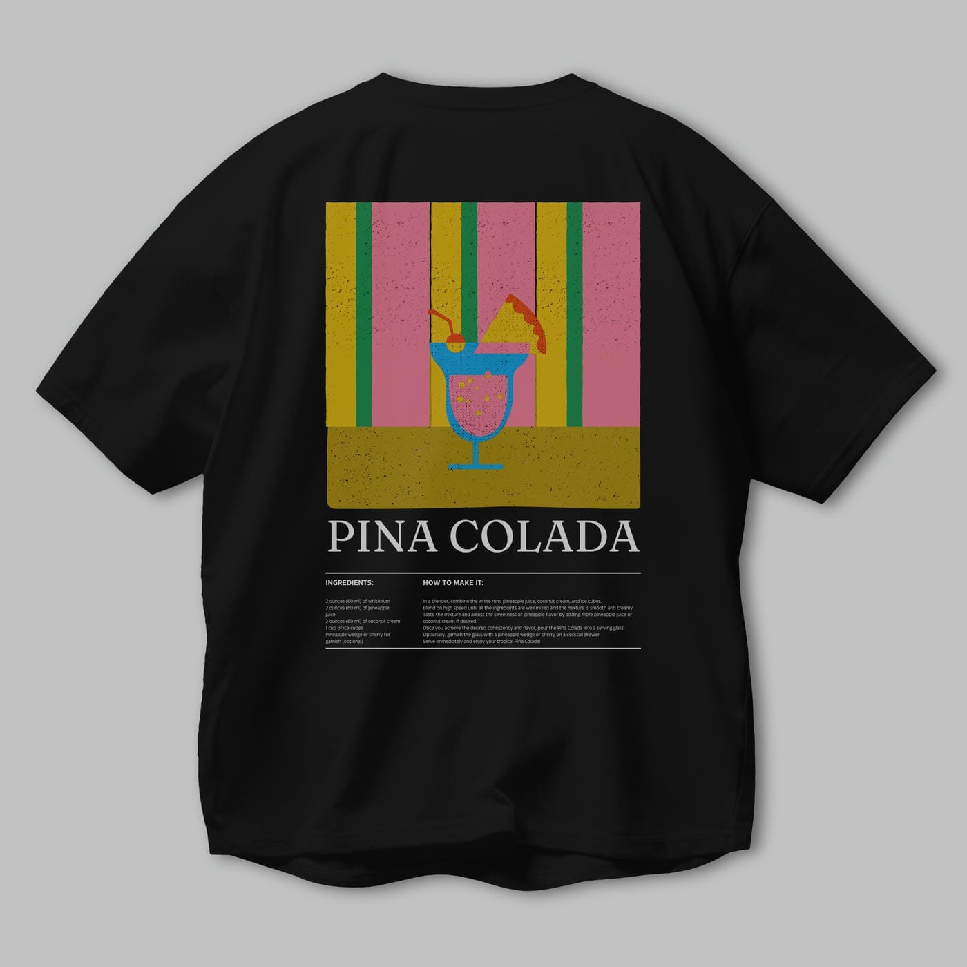Pina Colada Kokteyl Serisi Arka Baskılı Oversize t-shirt Erkek Kadın %100 Pamuk Bisiklet Yaka tişort