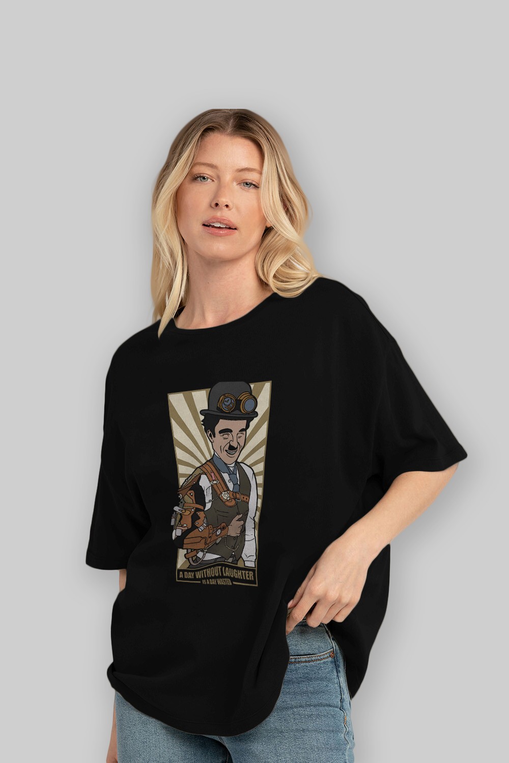 Steampunk Chaplin Ön Baskılı Oversize t-shirt Erkek Kadın Unisex %100 Pamuk tişort