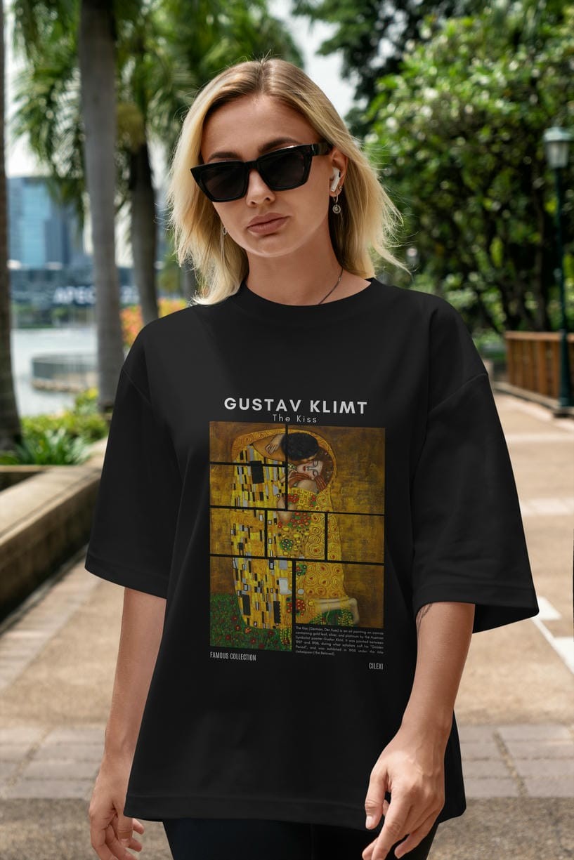 Gustav Klimt The Kiss ön Baskılı Oversize t-shirt Erkek Kadın Bisiklet Yaka Pamuk tişort