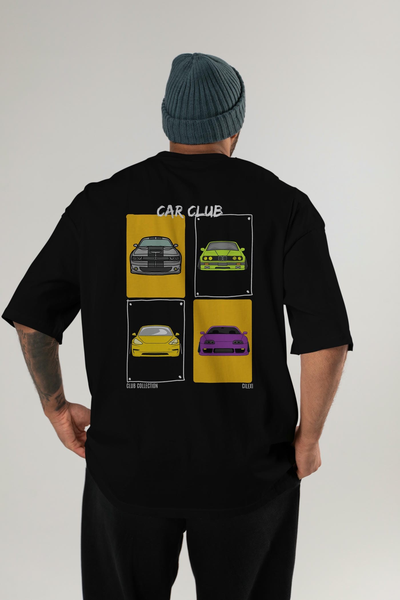 Car Club Arka Baskılı Oversize t-shirt Erkek Kadın %100 Pamuk Bisiklet Yaka tişort