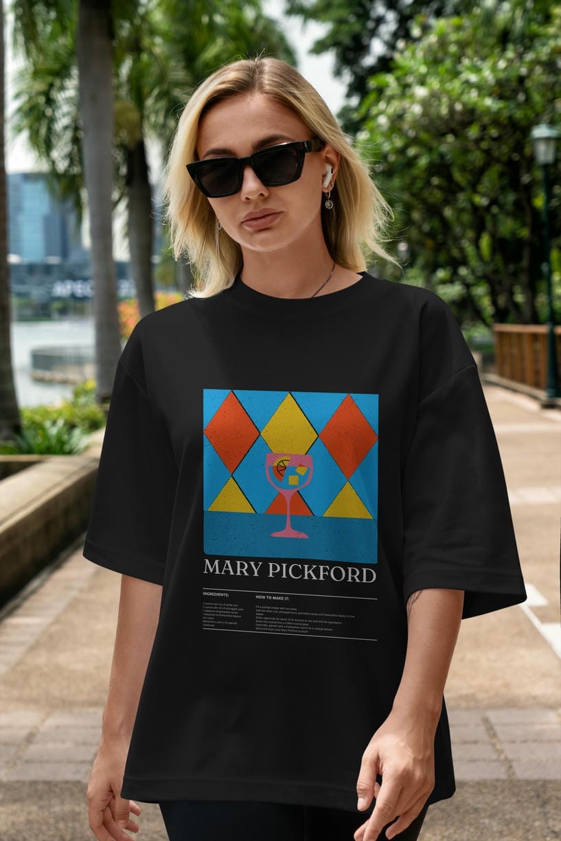 Mary Pickford Kokteyl Ön Baskılı Oversize t-shirt Erkek Kadın %100 Pamuk Bisiklet Yaka tişort