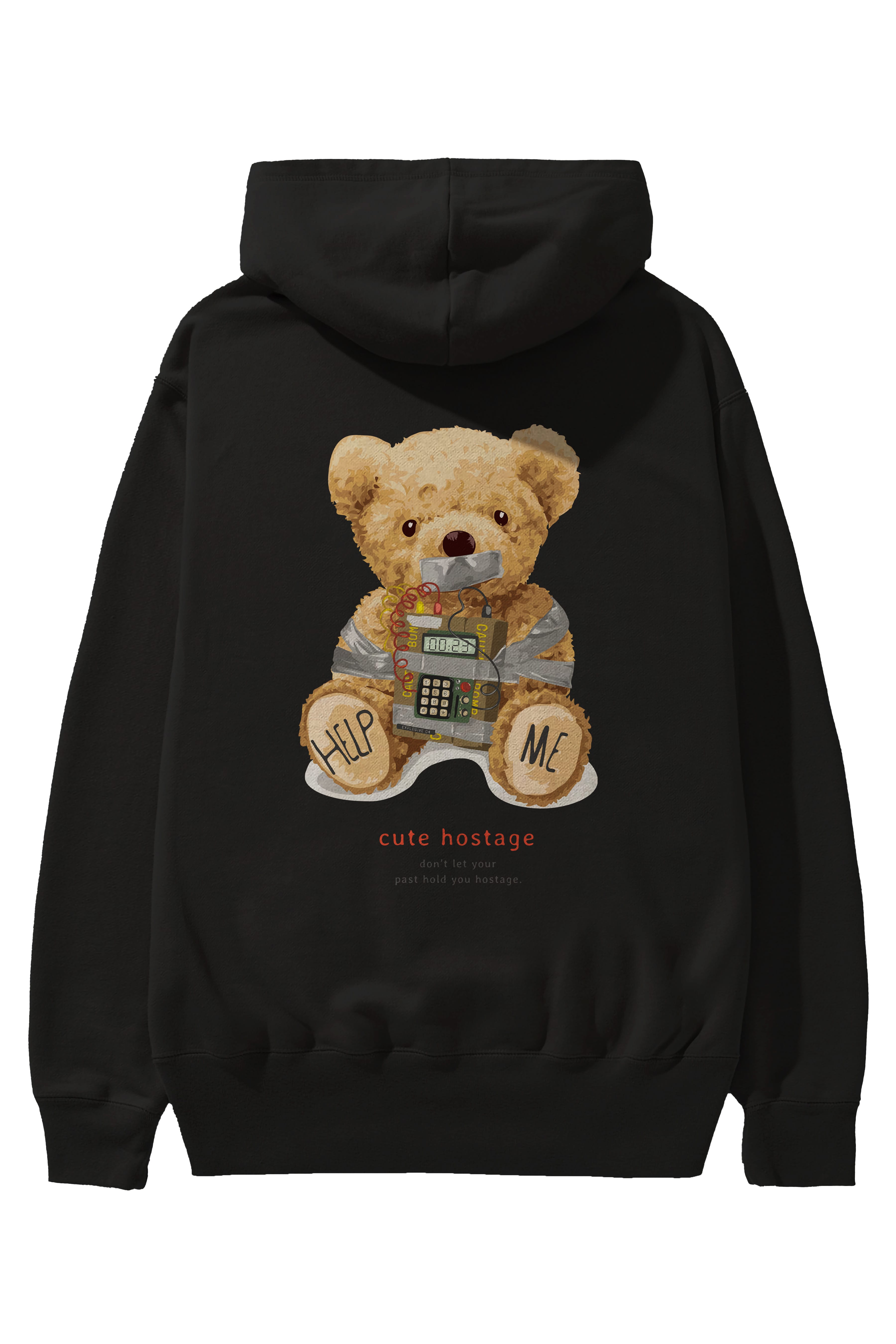 Teddy Bear Help Me Arka Baskılı Hoodie Oversize Kapüşonlu Sweatshirt Erkek Kadın Unisex