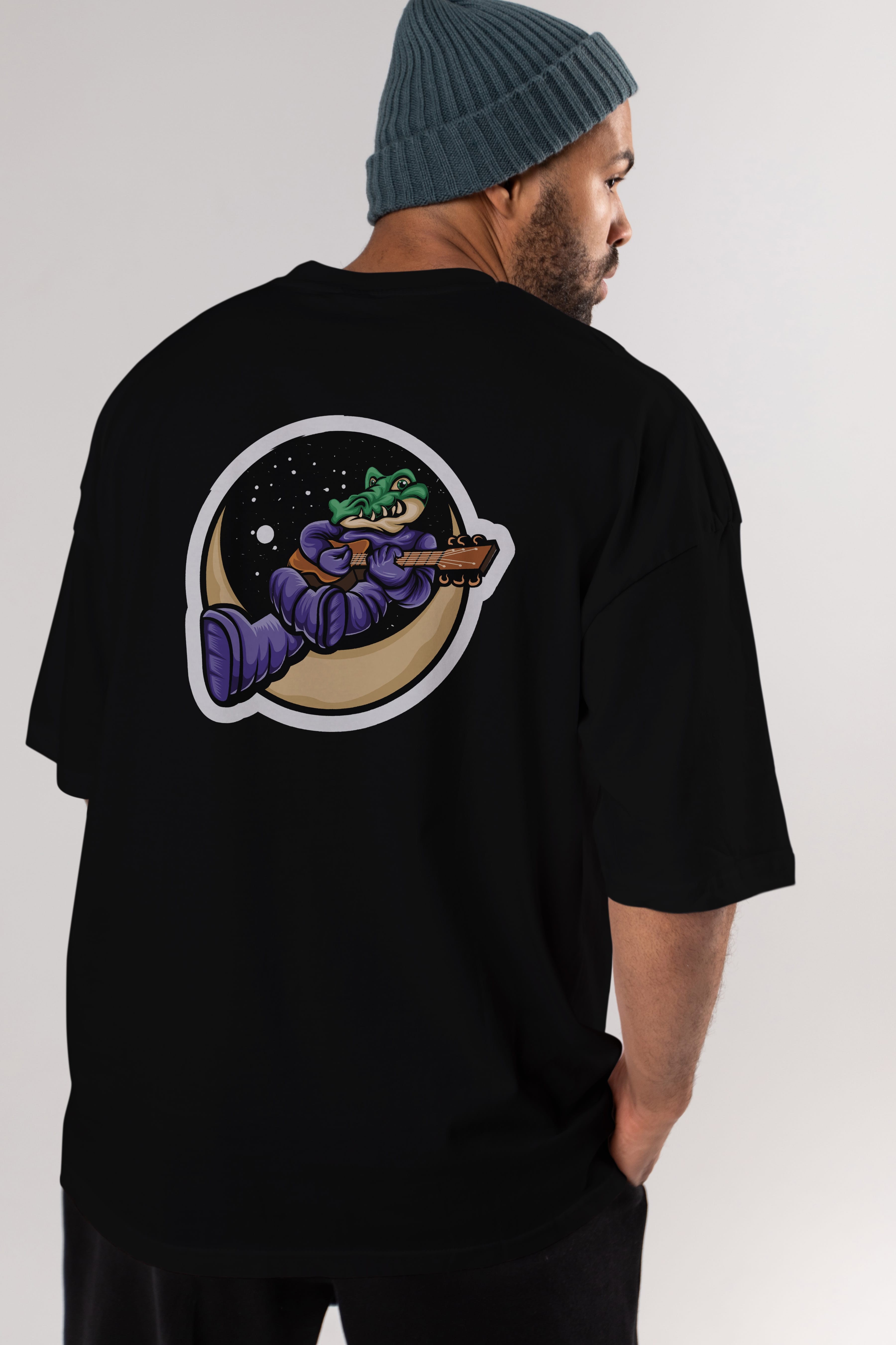 Space Crocodile Sticker Arka Baskılı Oversize t-shirt Erkek Kadın Unisex