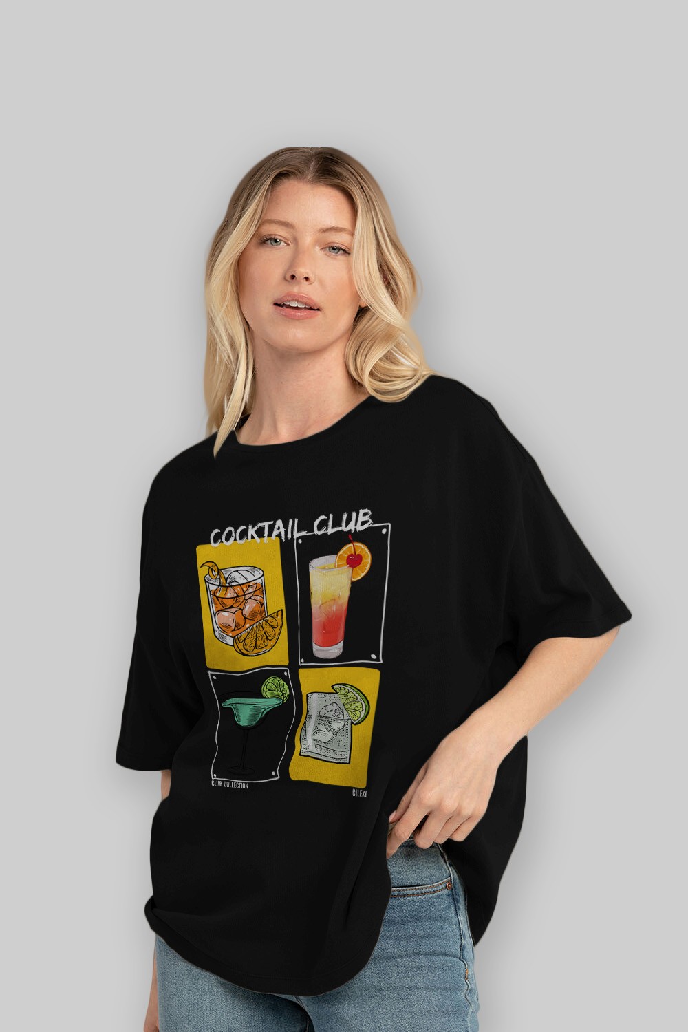 Cocktail Club ön Baskılı Oversize t-shirt Erkek Kadın %100 Pamuk Bisiklet Yaka tişort