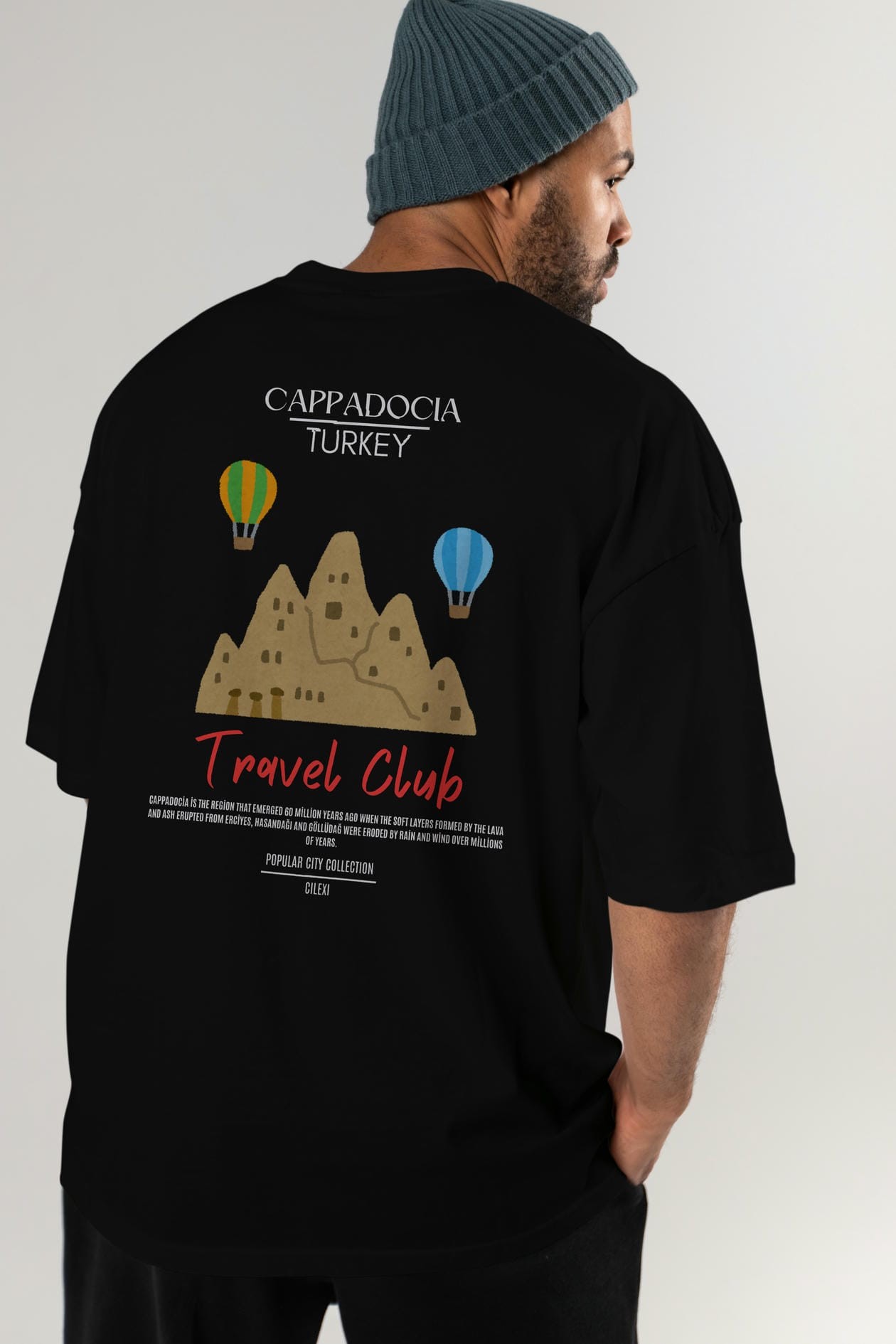 Cappadocia Turkey Arka Baskılı Oversize t-shirt Erkek Kadın Pamuk Bisiklet Yaka tişort