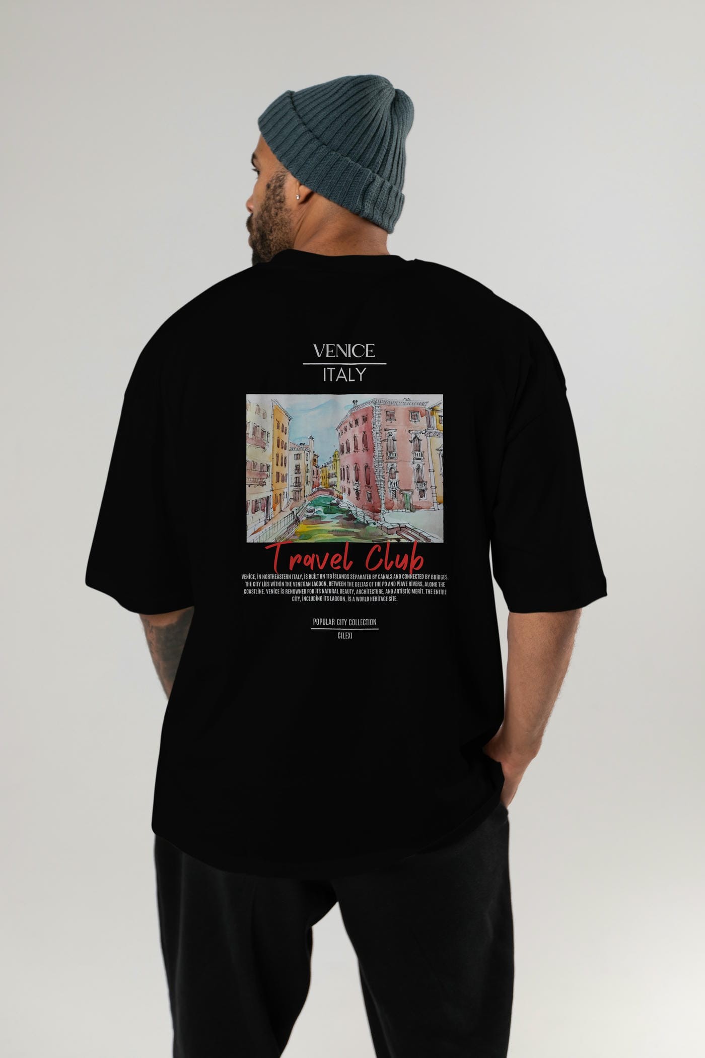 Venice İtaly Arka Baskılı Oversize t-shirt Erkek Kadın Pamuk Bisiklet Yaka tişort
