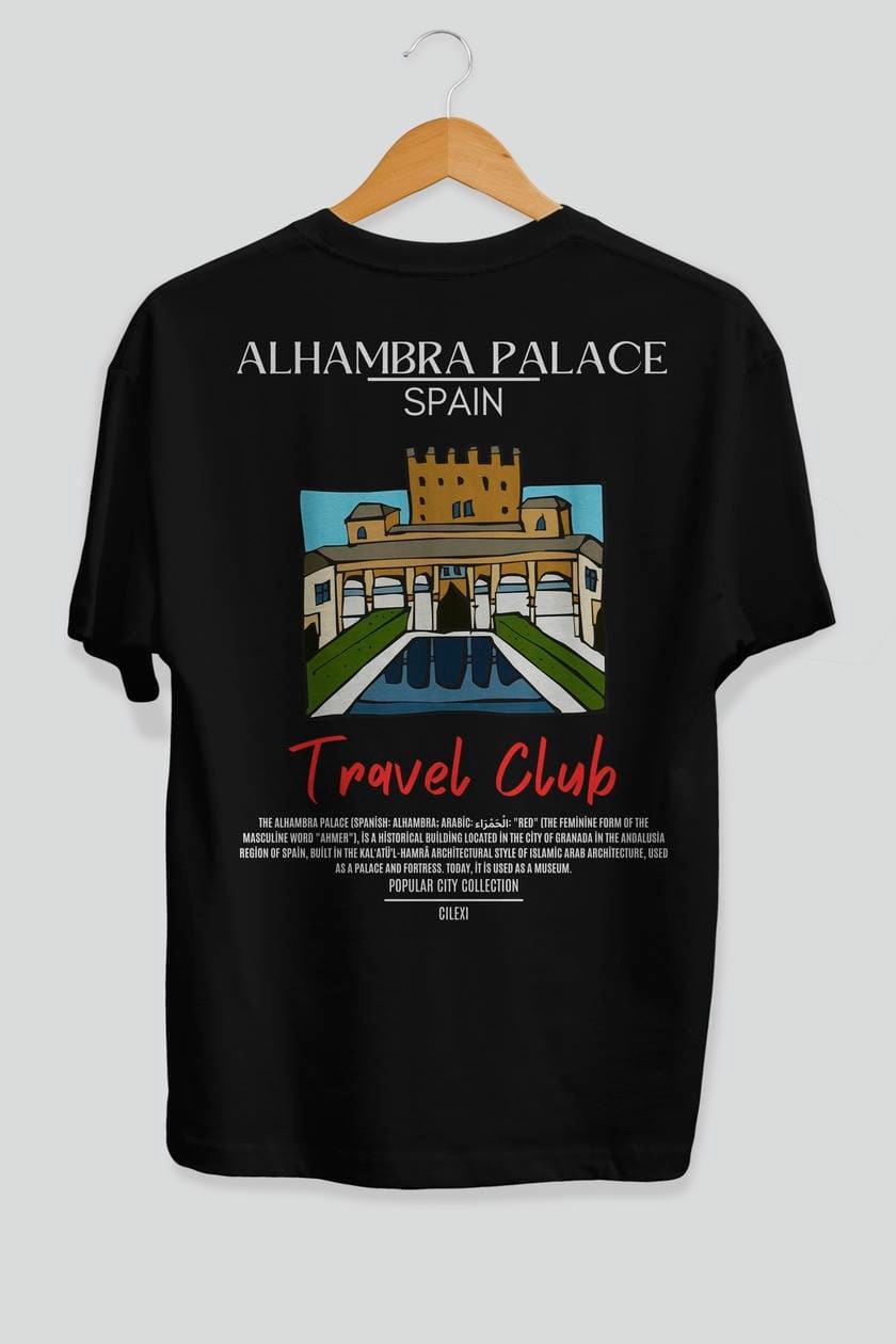 Alhambra Palace Spain Arka Baskılı Oversize t-shirt Erkek Kadın Pamuk Bisiklet Yaka tişort