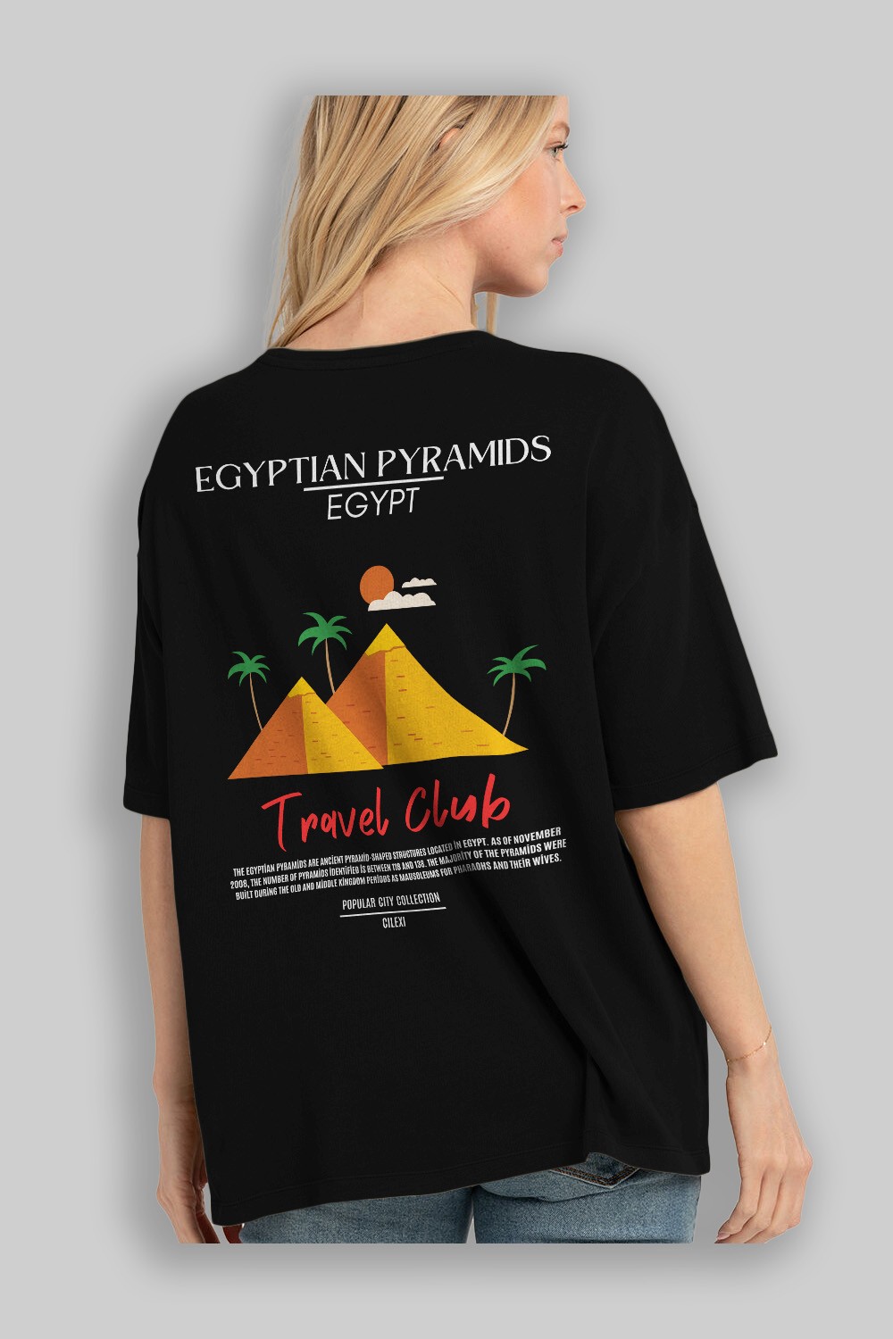 Egyptian Pyramids Egypt Arka Baskılı Oversize t-shirt Erkek Kadın Pamuk Bisiklet Yaka tişort