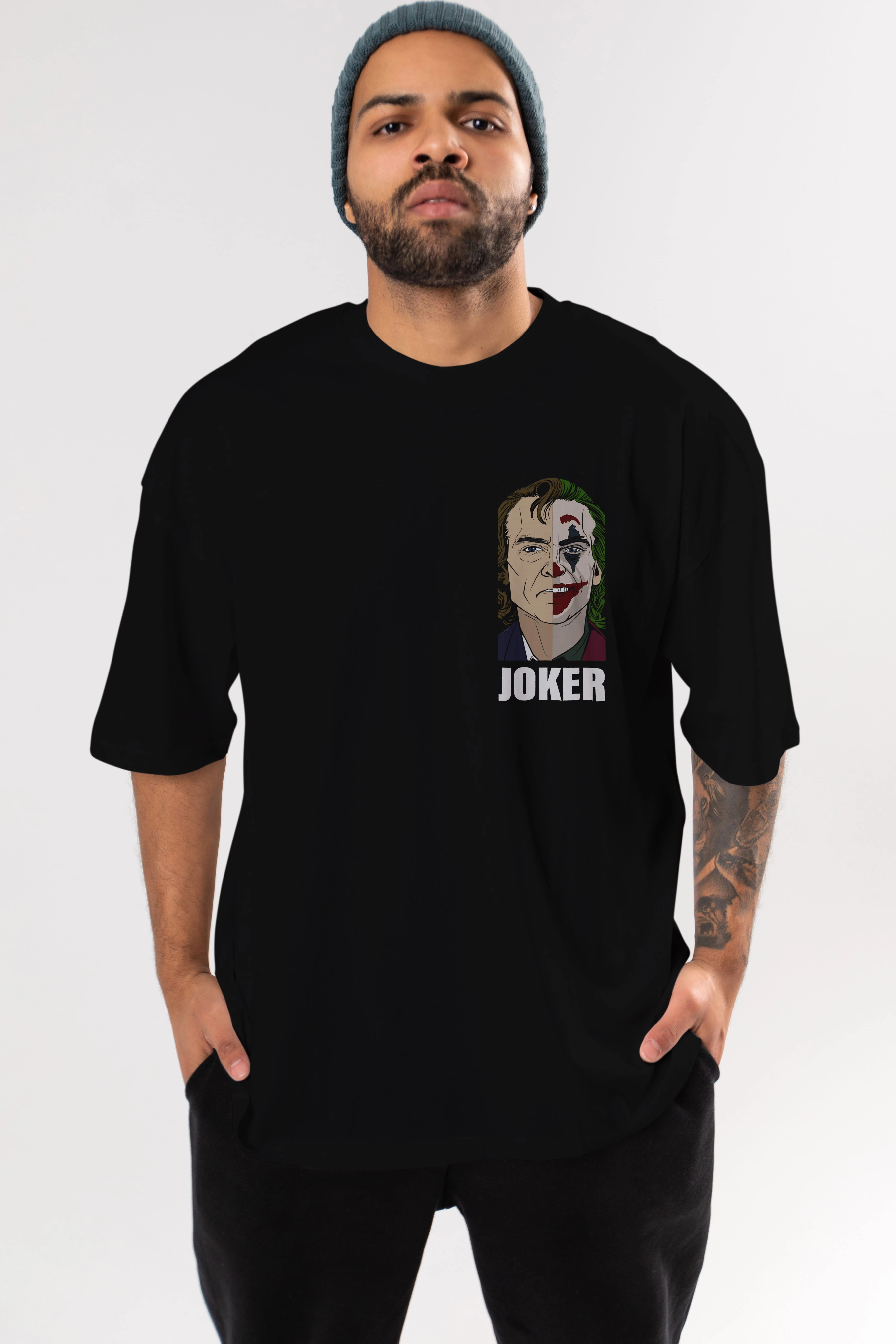 Joker (8) Ön Sol Baskılı Oversize t-shirt Erkek Kadın Unisex %100 Pamuk Bisiklet Yaka tişort