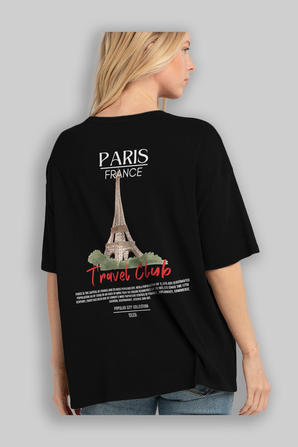 Paris France Arka Baskılı Oversize t-shirt Erkek Kadın Pamuk Bisiklet Yaka tişort