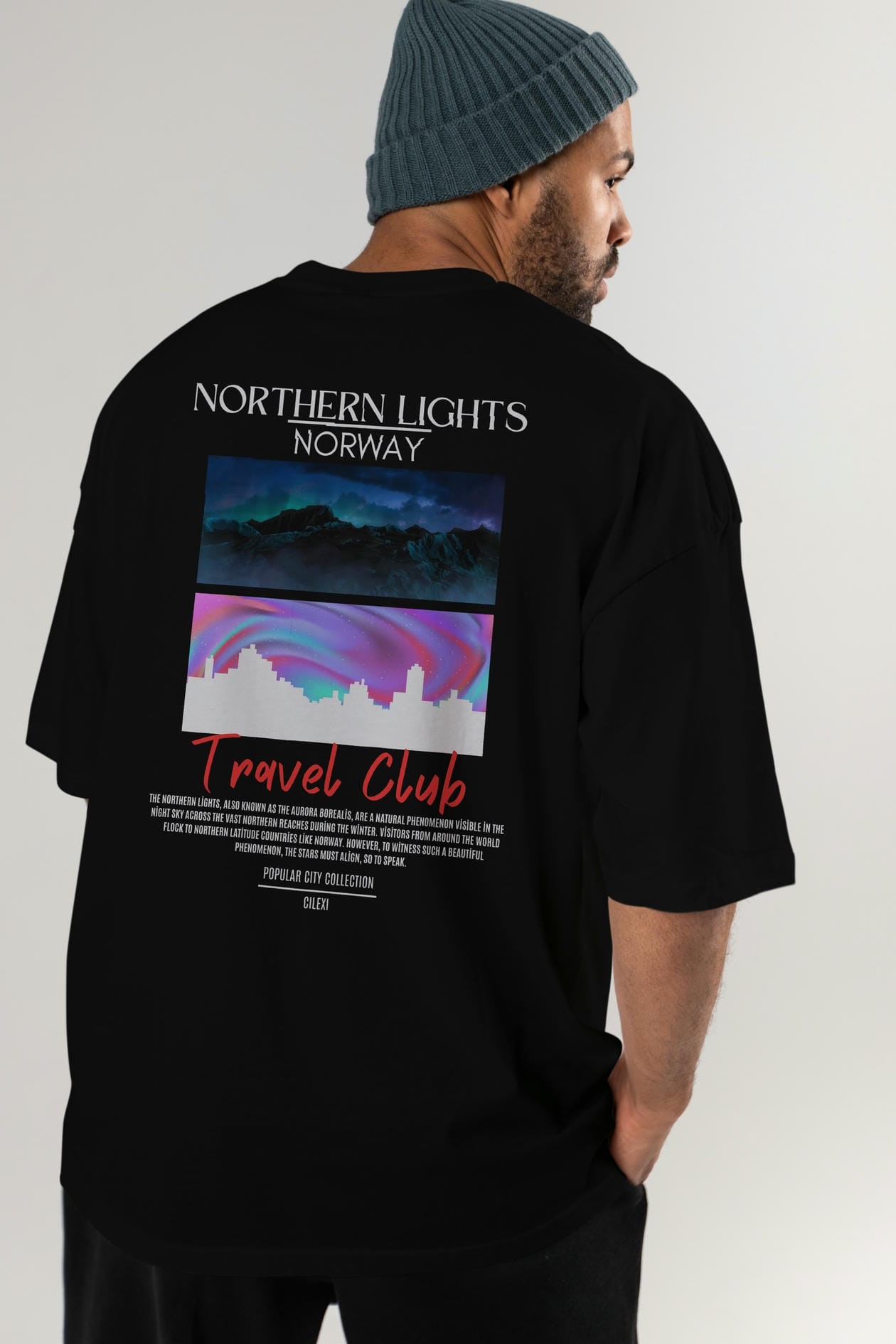 Northern Lights Norway Arka Baskılı Oversize t-shirt Erkek Kadın Pamuk Bisiklet Yaka tişort