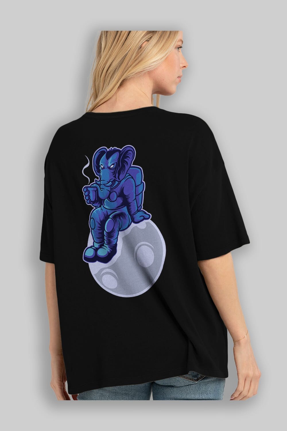 Space Elephant Drink Coffee Arka Baskılı Oversize t-shirt Erkek Kadın Unisex