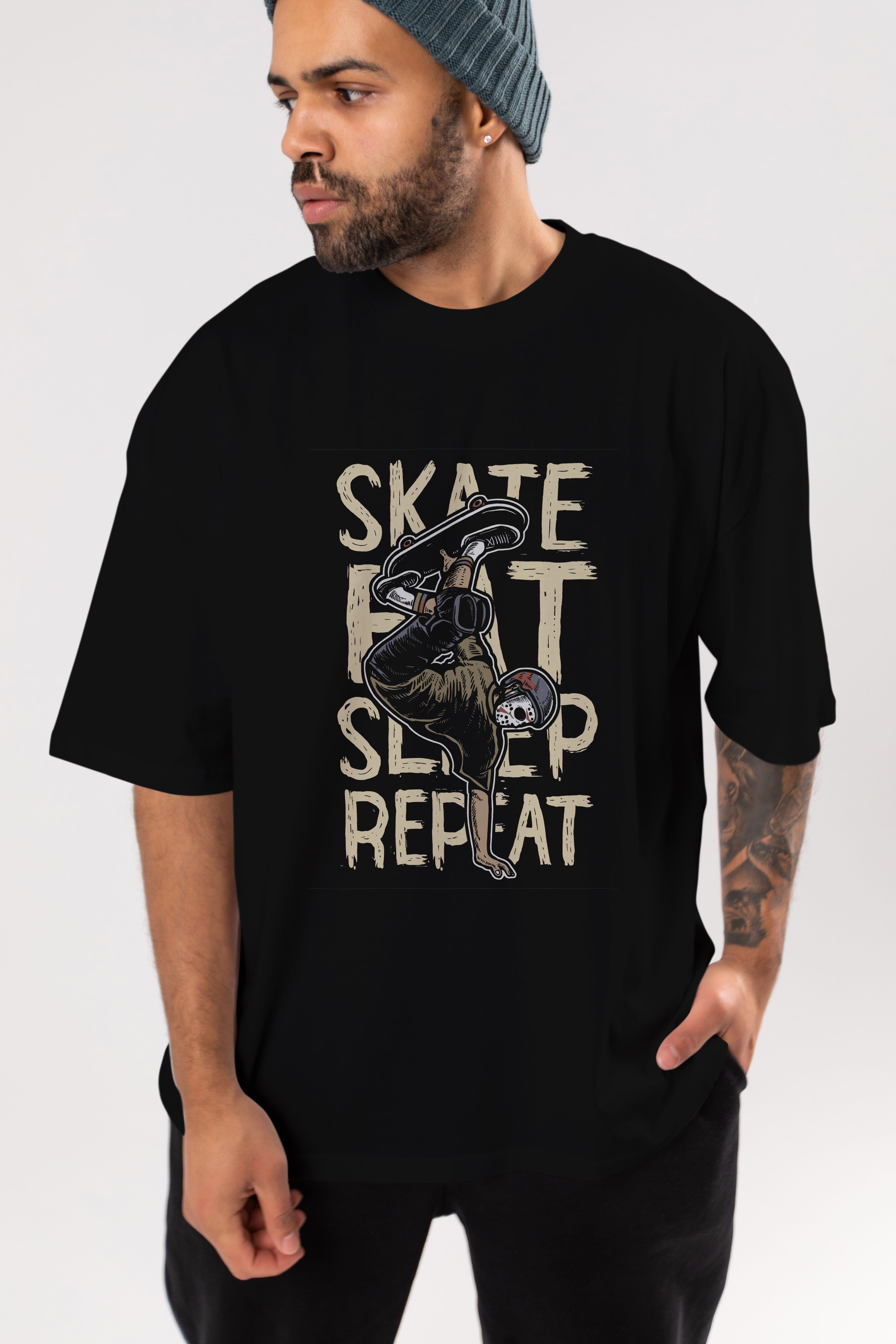 Skate Eat Sleep Repeat Ön Baskılı Oversize t-shirt Erkek Kadın Unisex %100 Pamuk tişort