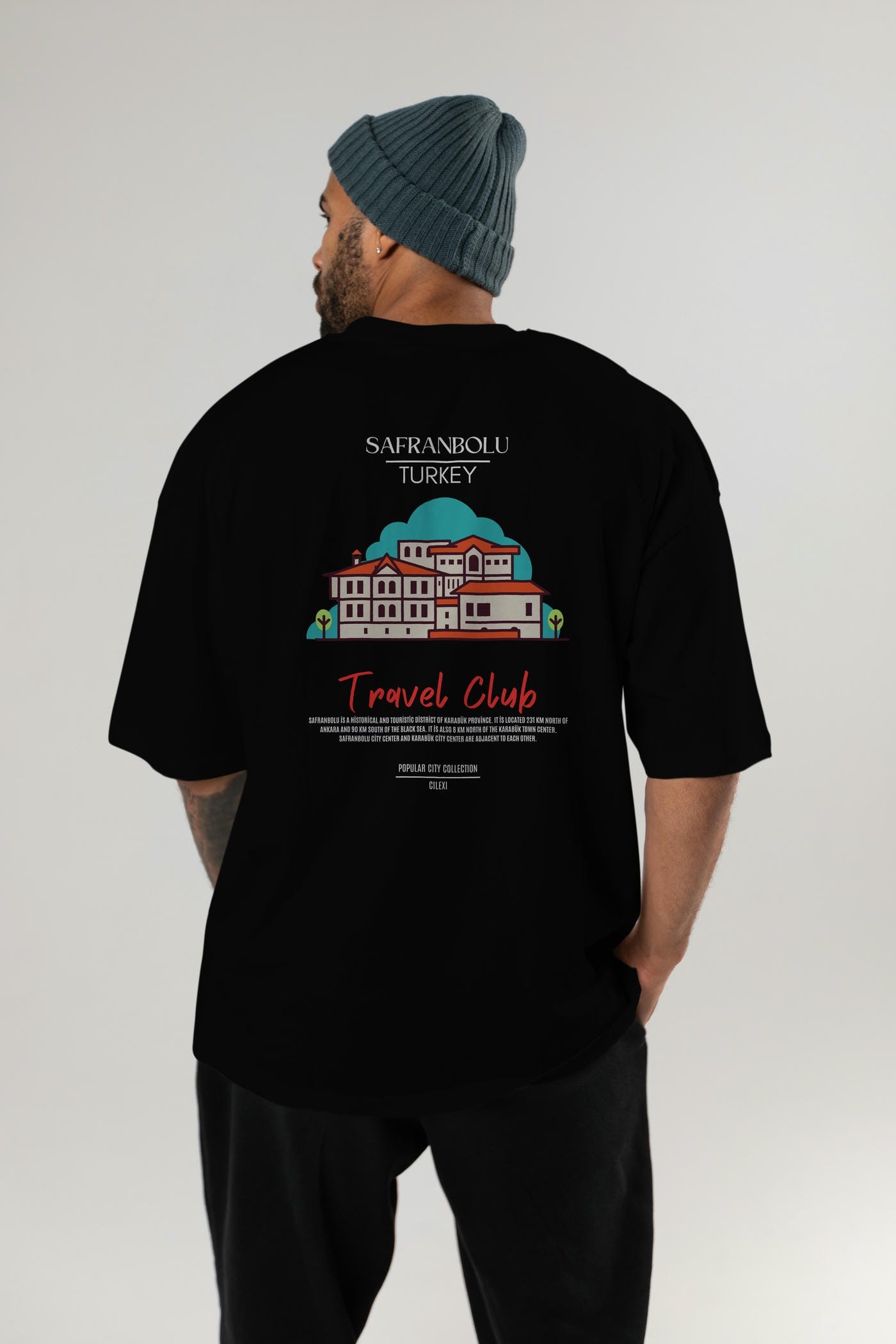 Safranbolu Turkey Arka Baskılı Oversize t-shirt Erkek Kadın Pamuk Bisiklet Yaka tişort