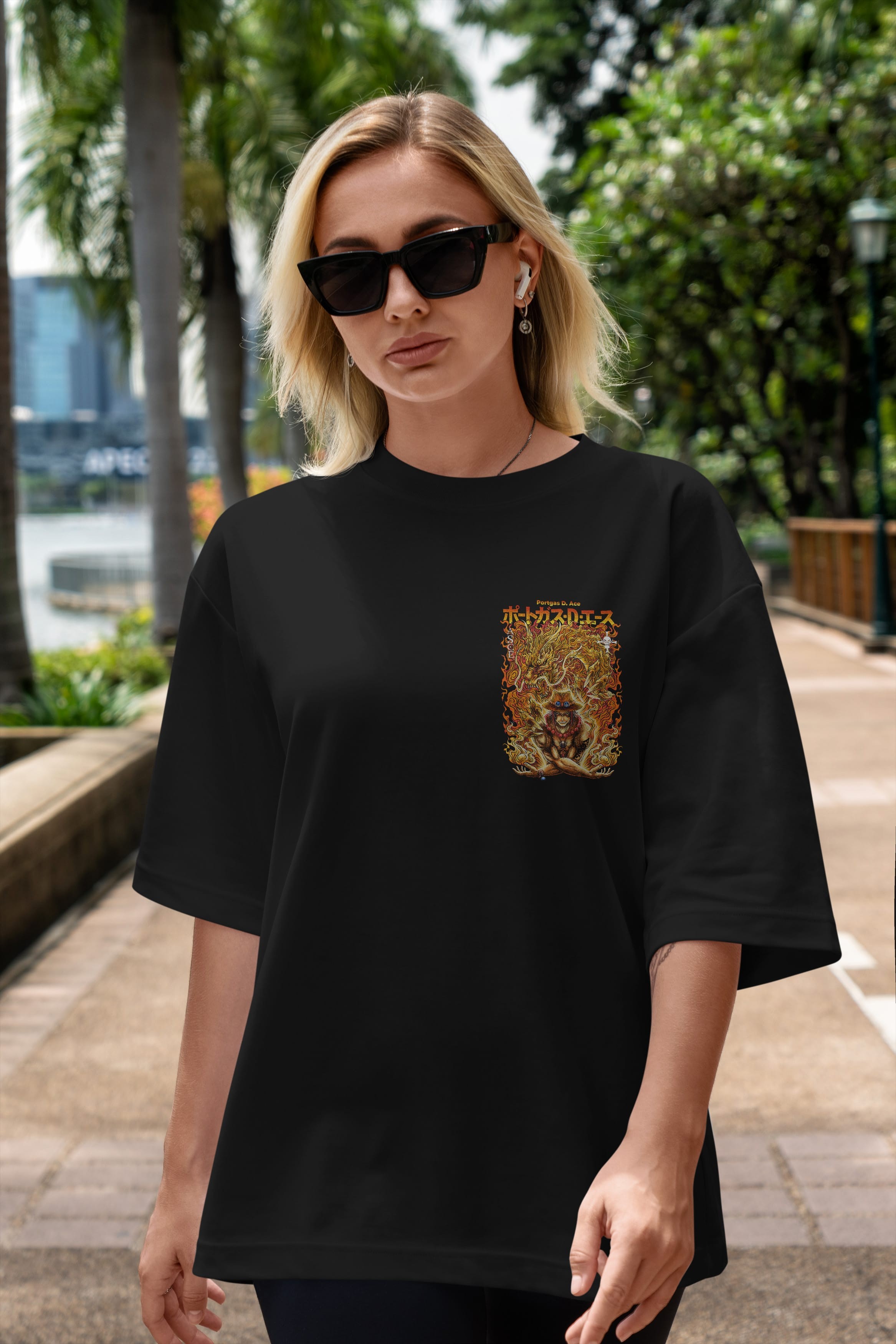 PORTGAS D. ACE Ön Sol Baskılı Oversize t-shirt Erkek Kadın Unisex %100 Pamuk Bisiklet Yaka tişort