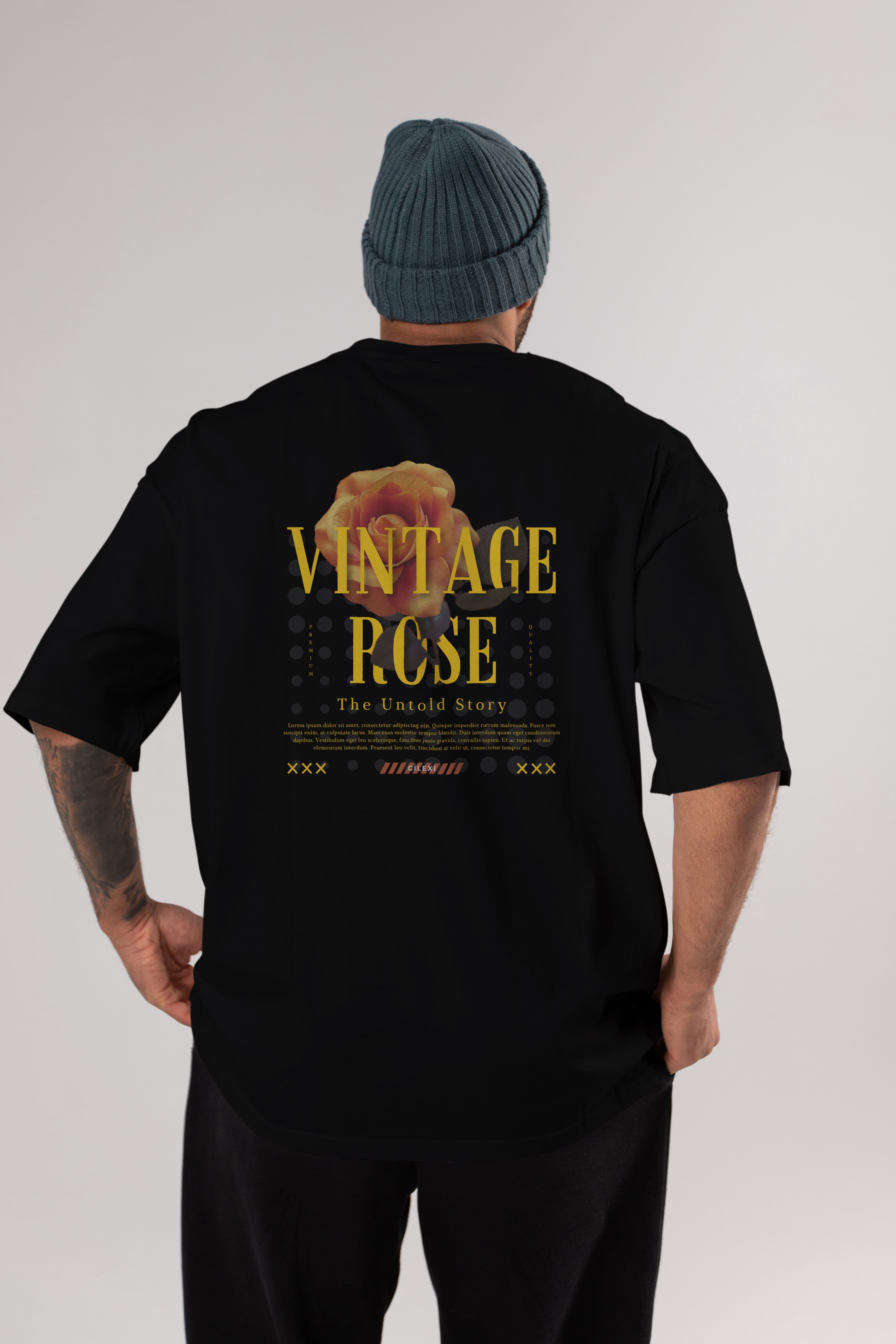Vintage Rose Yazılı Arka Baskılı Oversize t-shirt Erkek Kadın Unisex