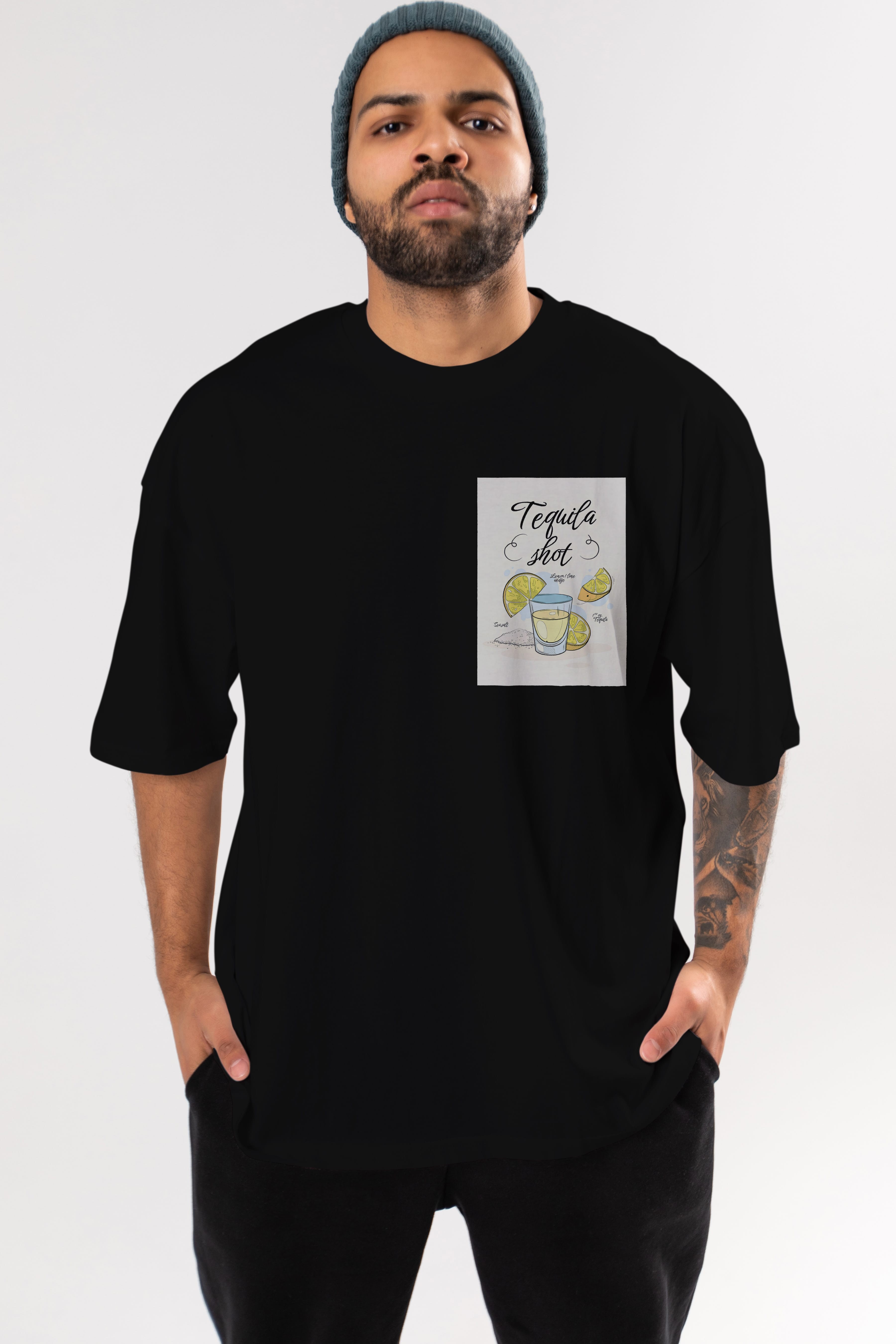 Tequila Shot Ön Sol Baskılı Oversize t-shirt Erkek Kadın Unisex %100 Pamuk Bisiklet Yaka tişort