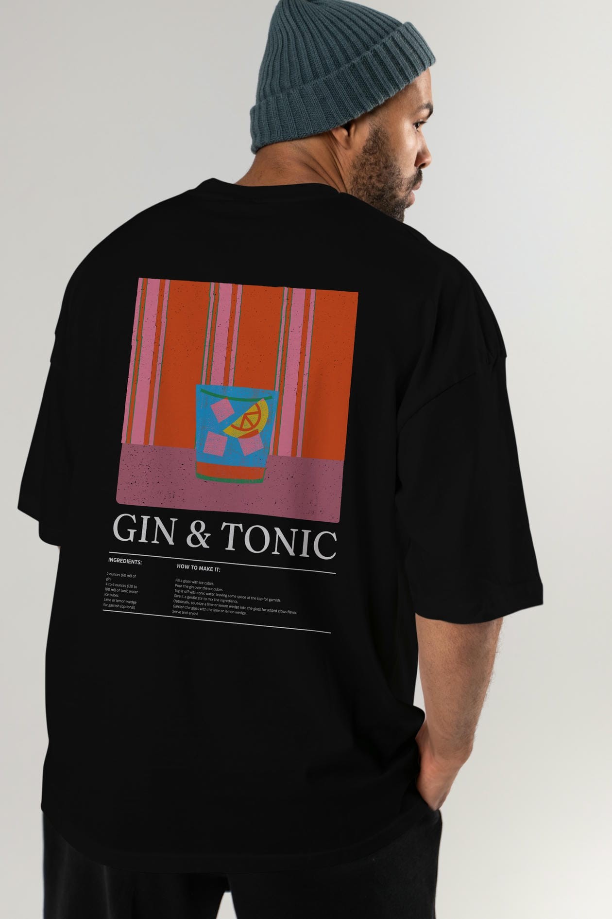 Gin Tonic Kokteyl Serisi Arka Baskılı Oversize t-shirt Erkek Kadın %100 Pamuk Bisiklet Yaka tişort