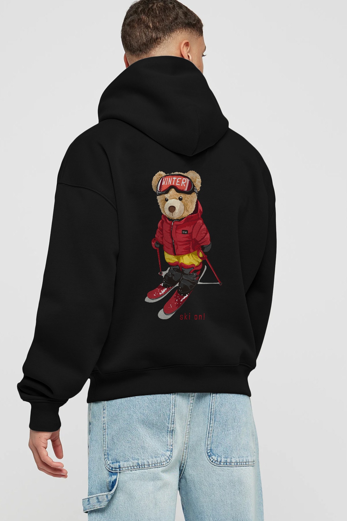 Teddy Bear Ski On Arka Baskılı Hoodie Oversize Kapüşonlu Sweatshirt Erkek Kadın Unisex