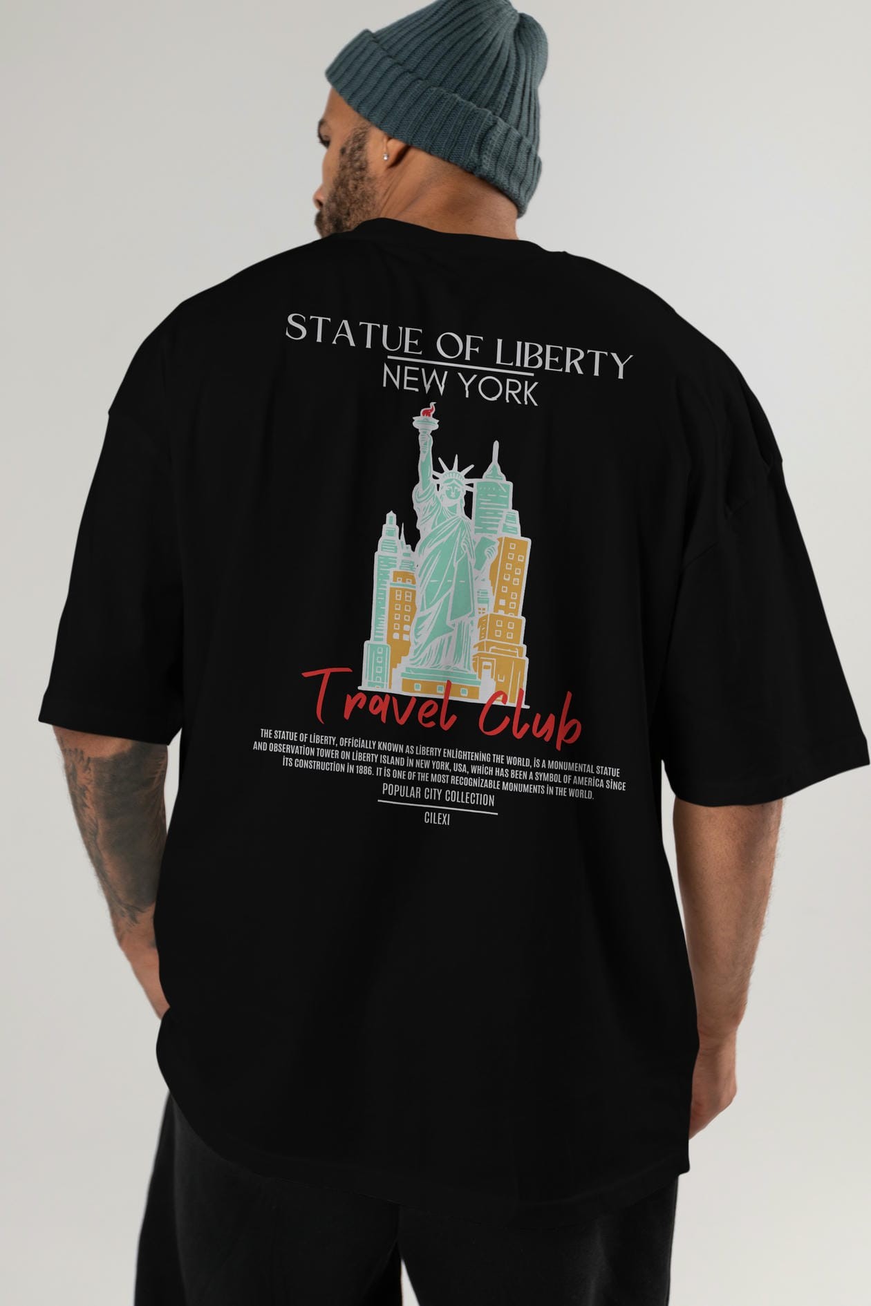 Statue Of Liberty New York Arka Baskılı Oversize t-shirt Erkek Kadın Pamuk Bisiklet Yaka tişort
