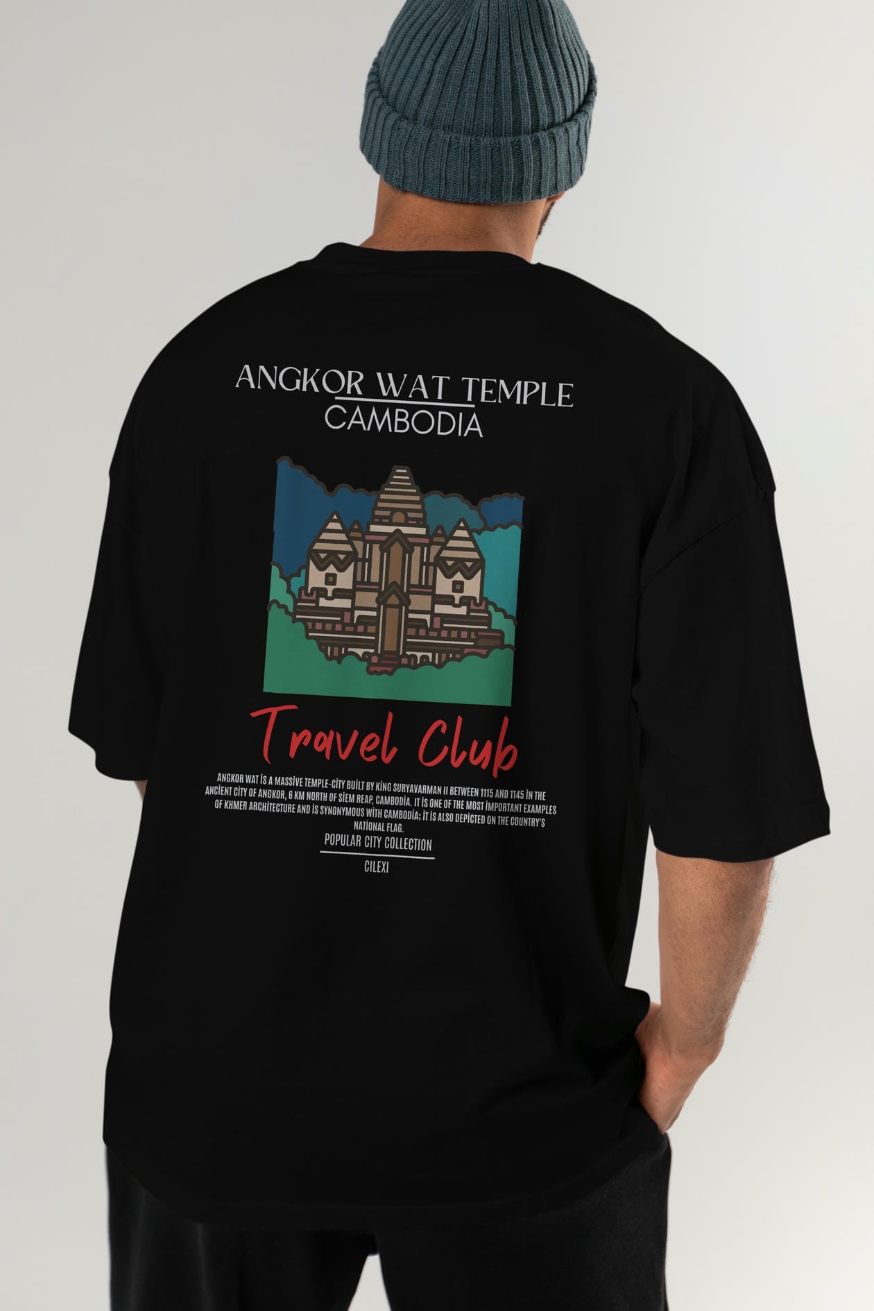 Angkor Wat Temple Cambodia Arka Baskılı Oversize t-shirt Erkek Kadın Pamuk Bisiklet Yaka tişort