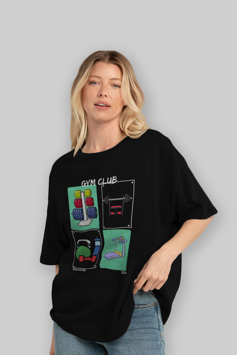 Gym Club ön Baskılı Oversize t-shirt Erkek Kadın %100 Pamuk Bisiklet Yaka tişort