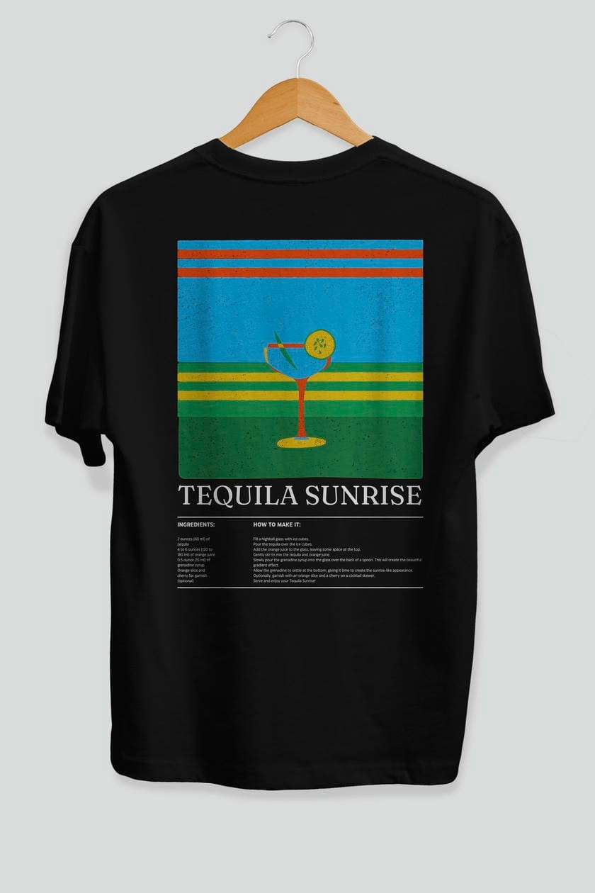Tequila Sunrise Kokteyl Serisi Arka Baskılı Oversize t-shirt Erkek Kadın %100 Pamuk Bisiklet Yaka tişort