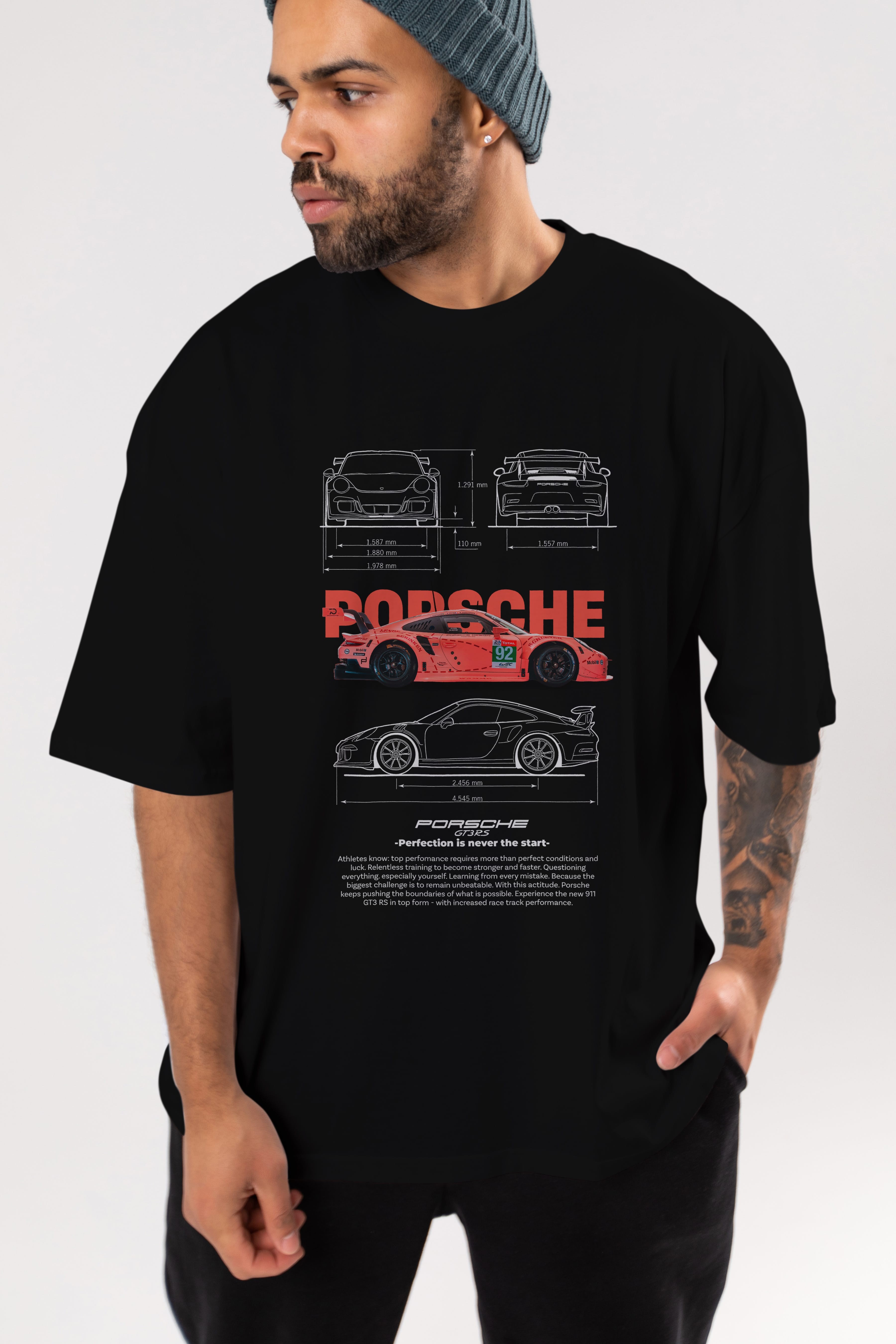 PORSCHE 911 GT3 RS ROSA BLANCO Ön Baskılı Oversize t-shirt Erkek Kadın Unisex %100 Pamuk Bisiklet Yaka tişort