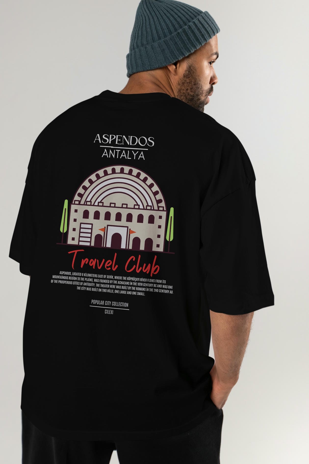 Aspendos Antalya Arka Baskılı Oversize t-shirt Erkek Kadın Pamuk Bisiklet Yaka tişort