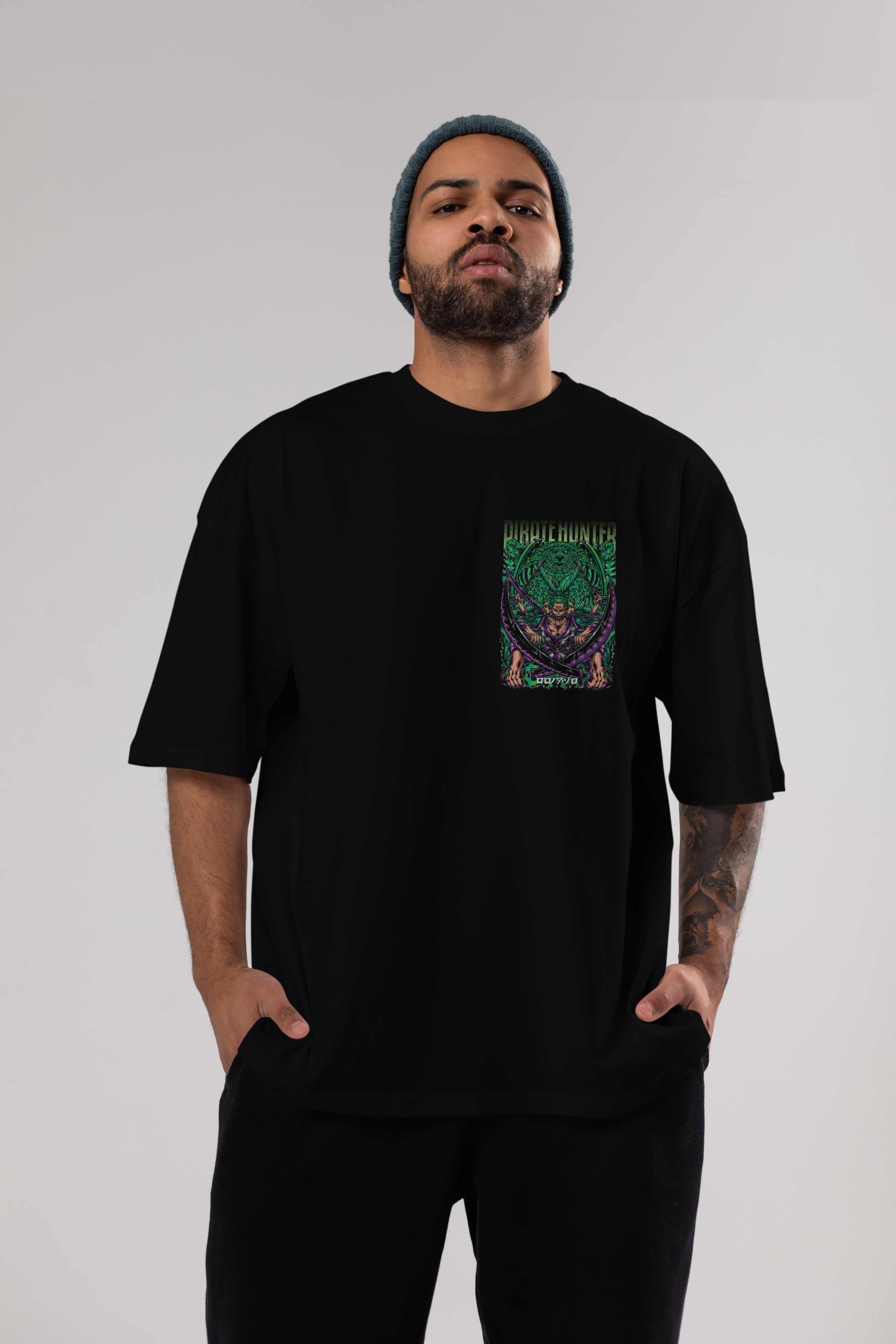 RORONOA ZORO 3 Ön Sol Baskılı Oversize t-shirt Erkek Kadın Unisex %100 Pamuk Bisiklet Yaka tişort