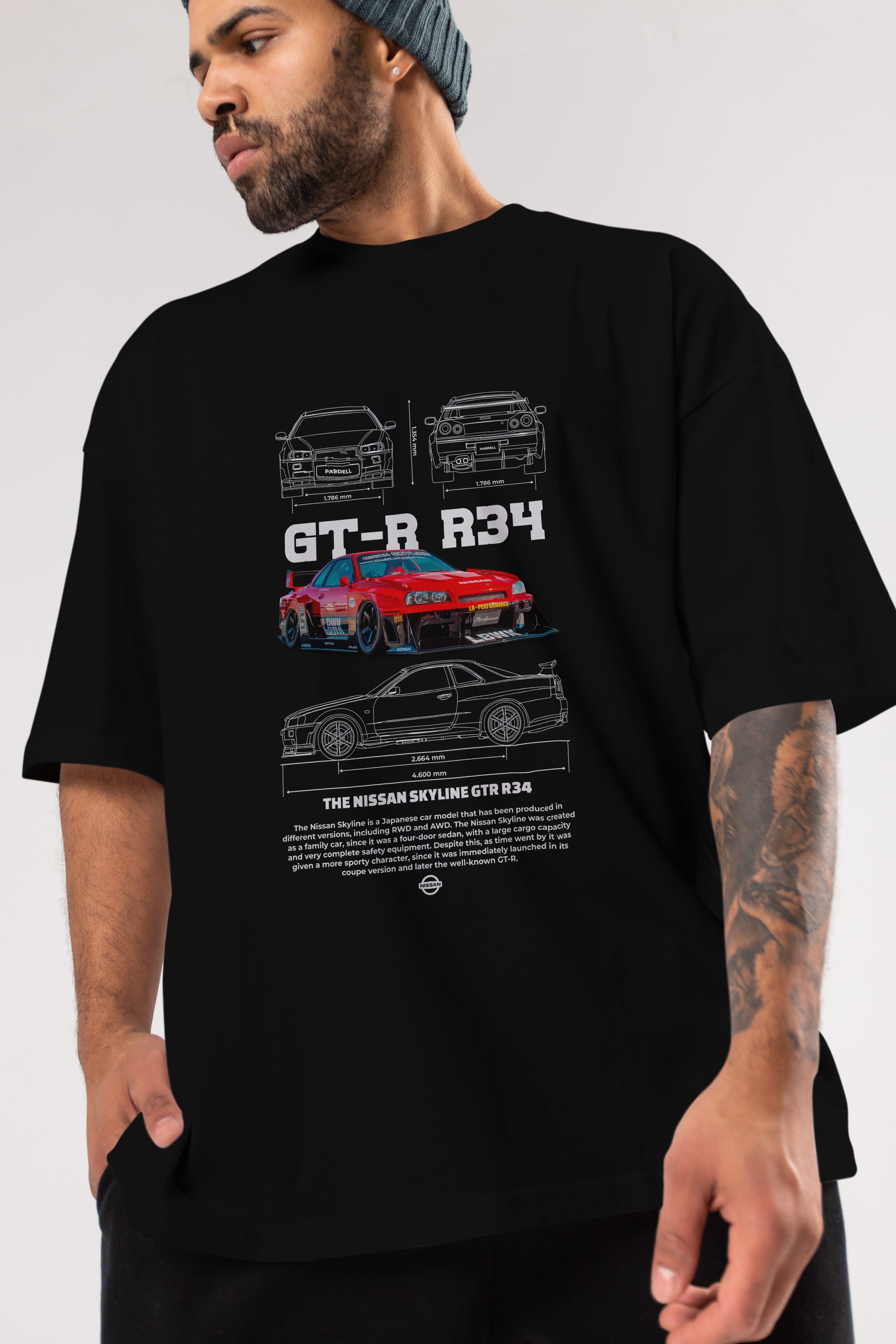 NISSAN GT-R R34 RED Ön Baskılı Oversize t-shirt Erkek Kadın Unisex %100 Pamuk Bisiklet Yaka tişort