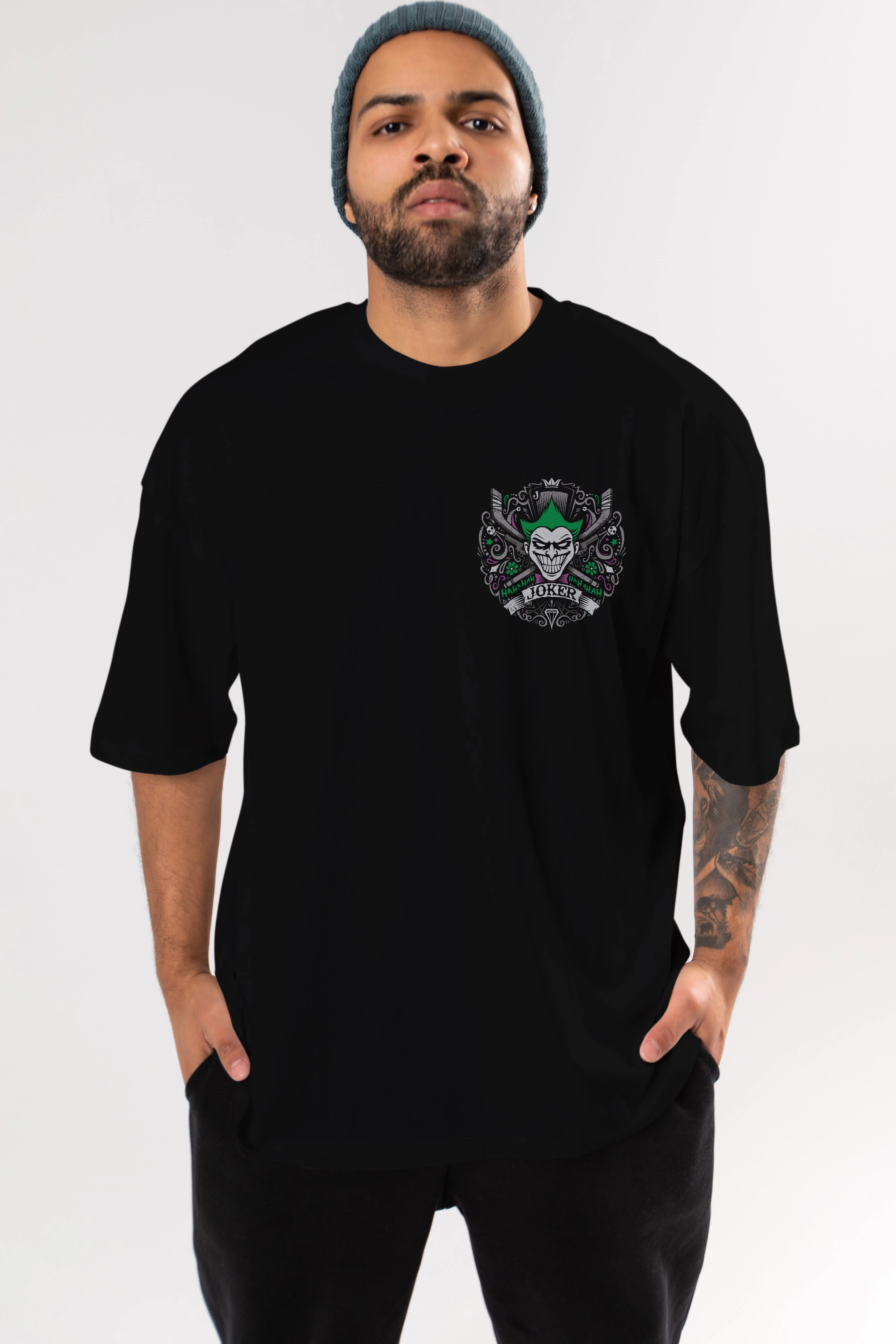 Joker (2) Ön Sol Baskılı Oversize t-shirt Erkek Kadın Unisex %100 Pamuk Bisiklet Yaka tişort