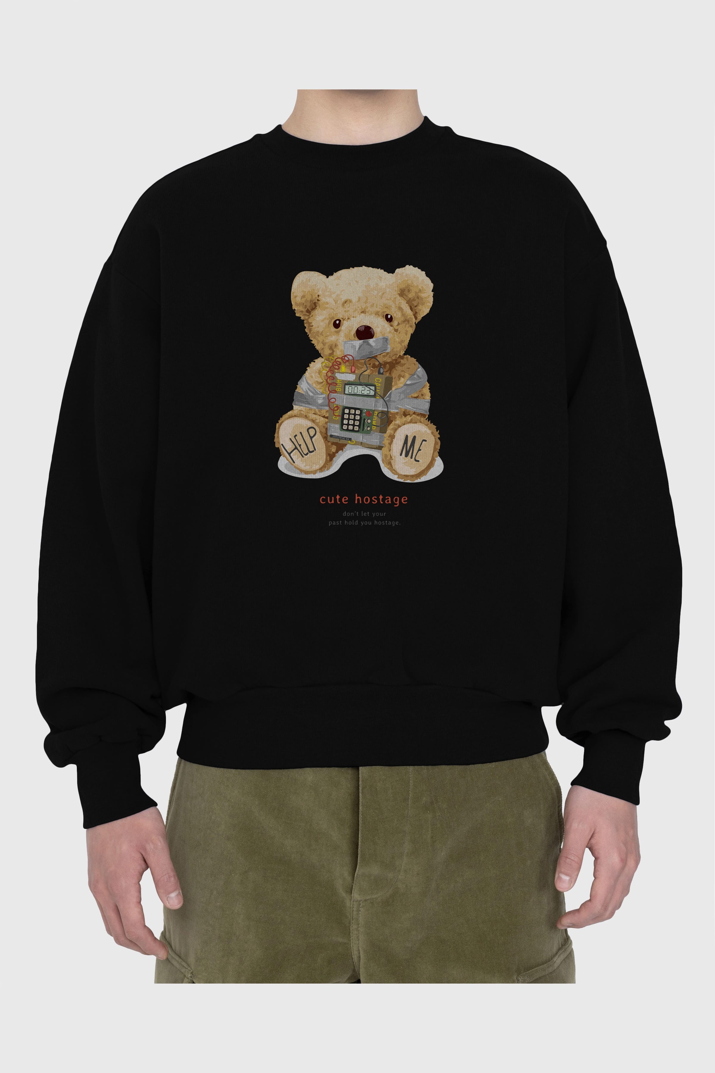 Teddy Bear Help Me Ön Baskılı Oversize Sweatshirt Erkek Kadın Unisex